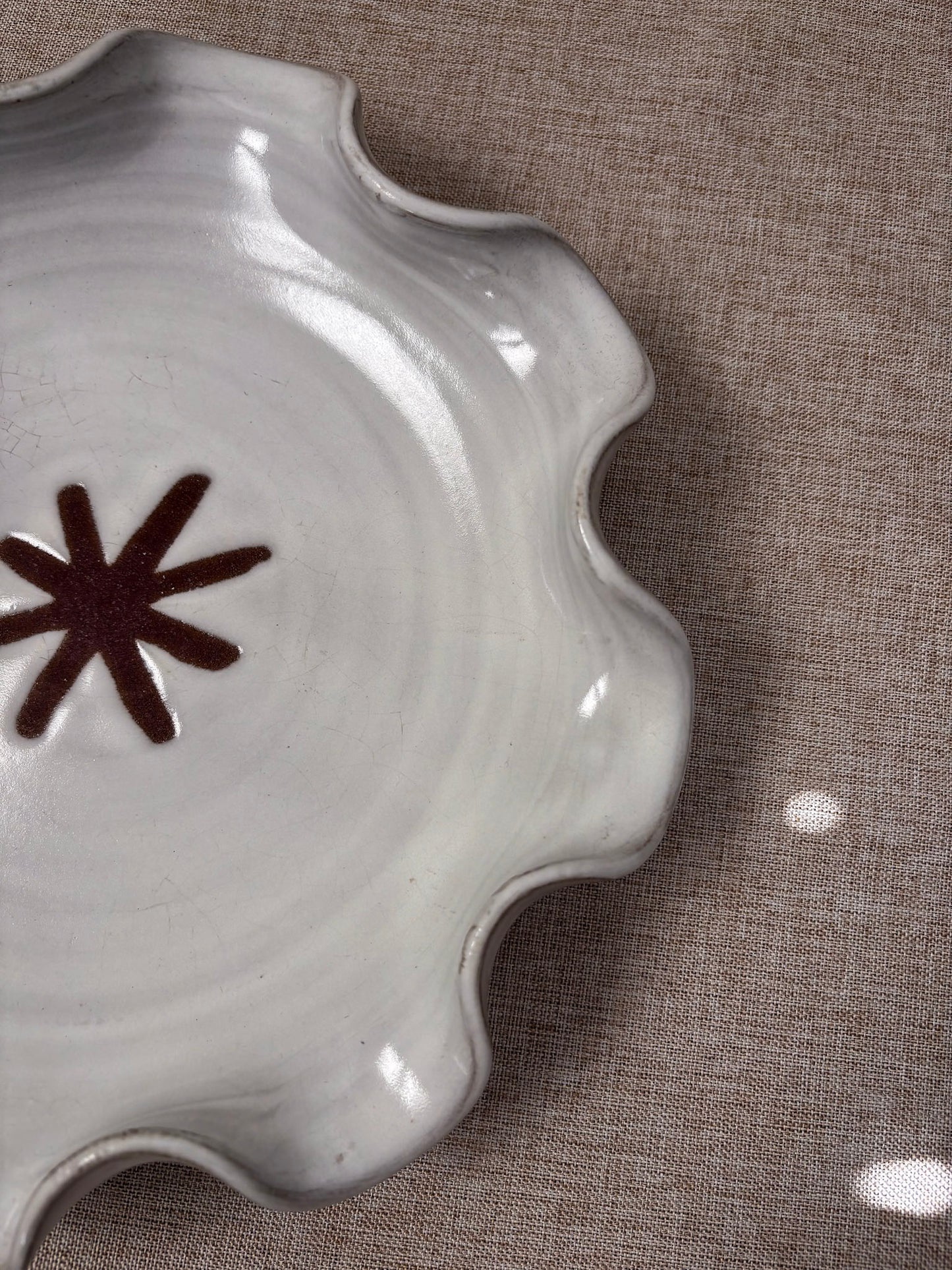 Studio Pottery Wavy Edge Plate, Irish Ceramic Dish in Off-White and Brown