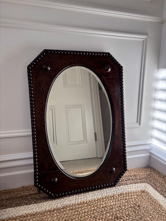 Vintage Beaded-Edge Oak Mirror