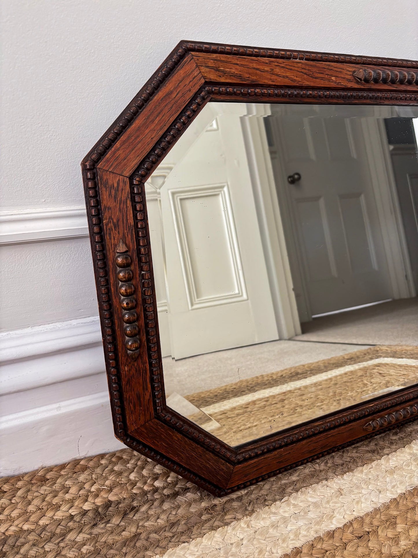Vintage Octagonal Oak Mirror | Bevelled Arts & Crafts Style Wooden Mirror