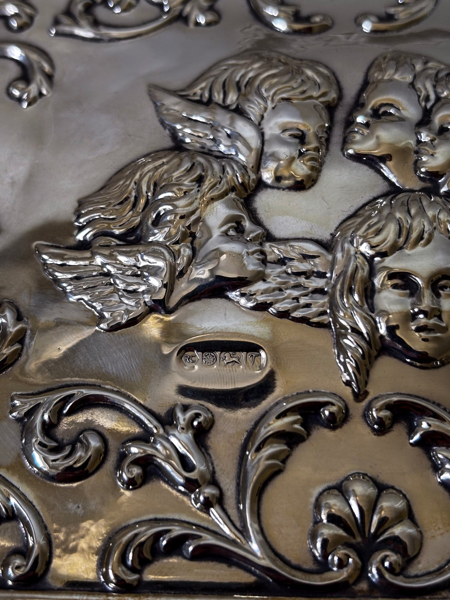 Vintage 925 Sterling Silver Cherub Jewellery Box | Ornate Silver & Wood Keepsake Box
