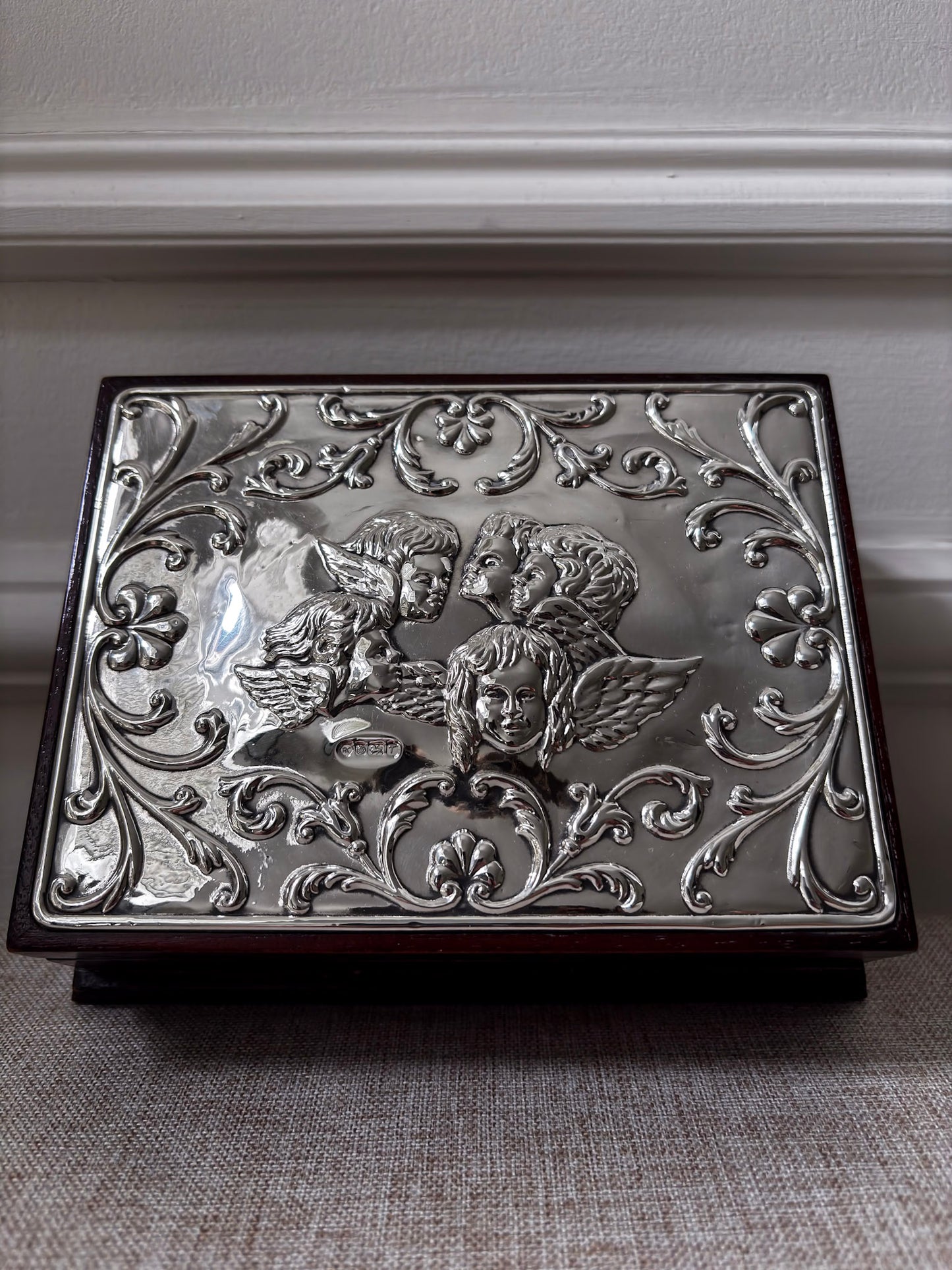 Vintage 925 Sterling Silver Cherub Jewellery Box | Ornate Silver & Wood Keepsake Box