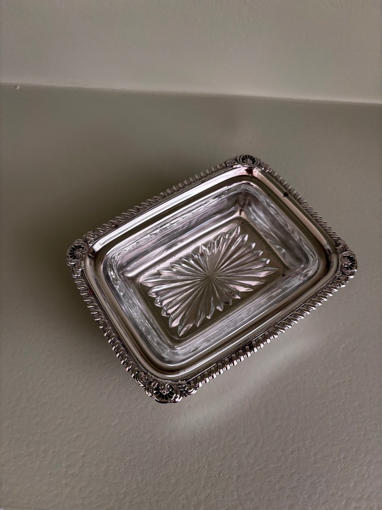 Silver-Plated Soap Dish with Cut Glass Insert