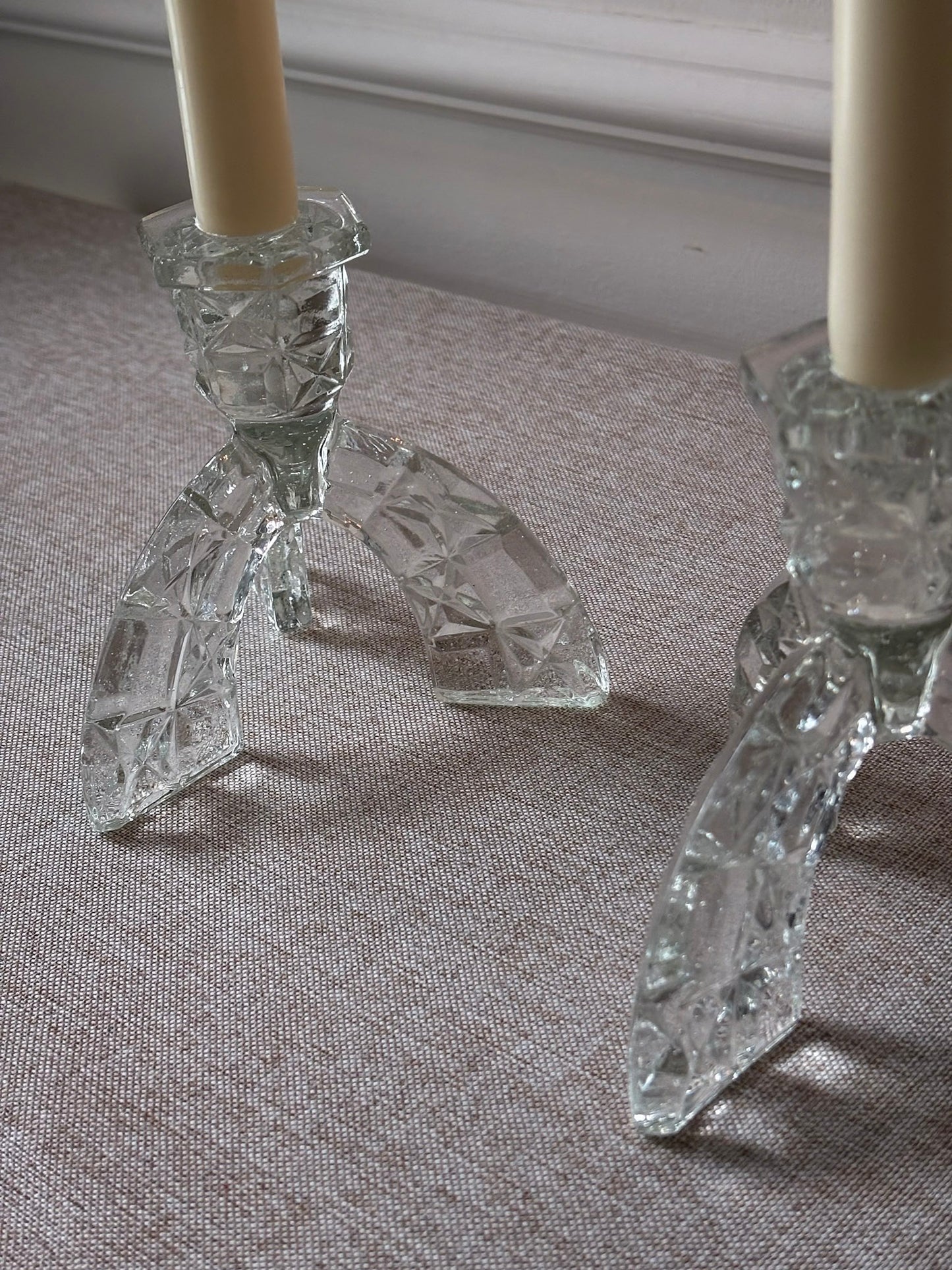1930s Art Deco Pressed Glass Candlesticks - Pair
