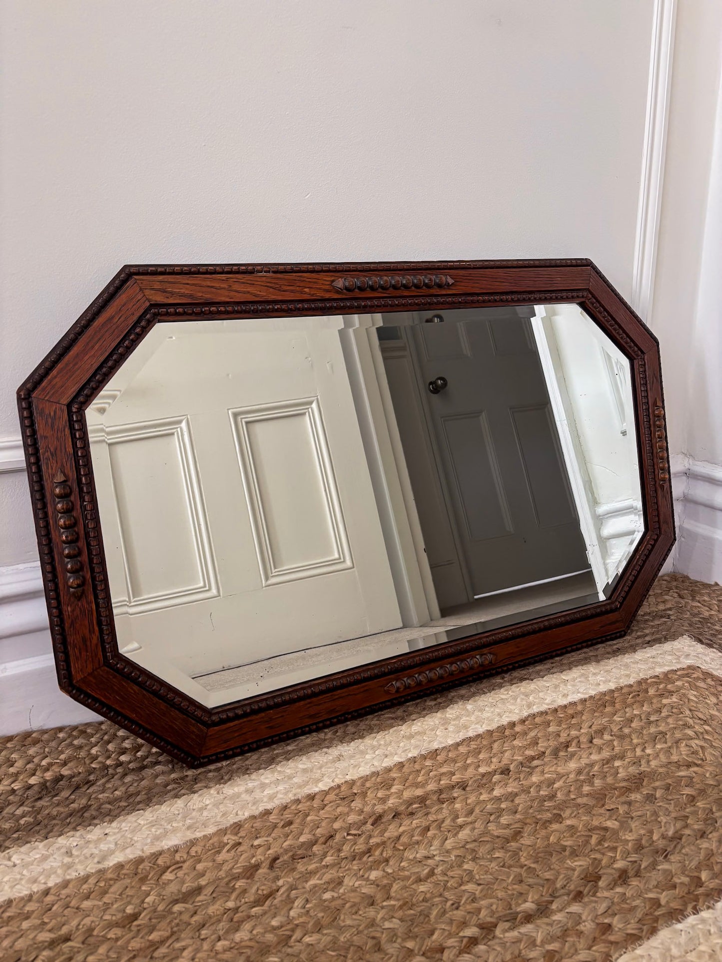 Vintage Octagonal Oak Mirror | Bevelled Arts & Crafts Style Wooden Mirror