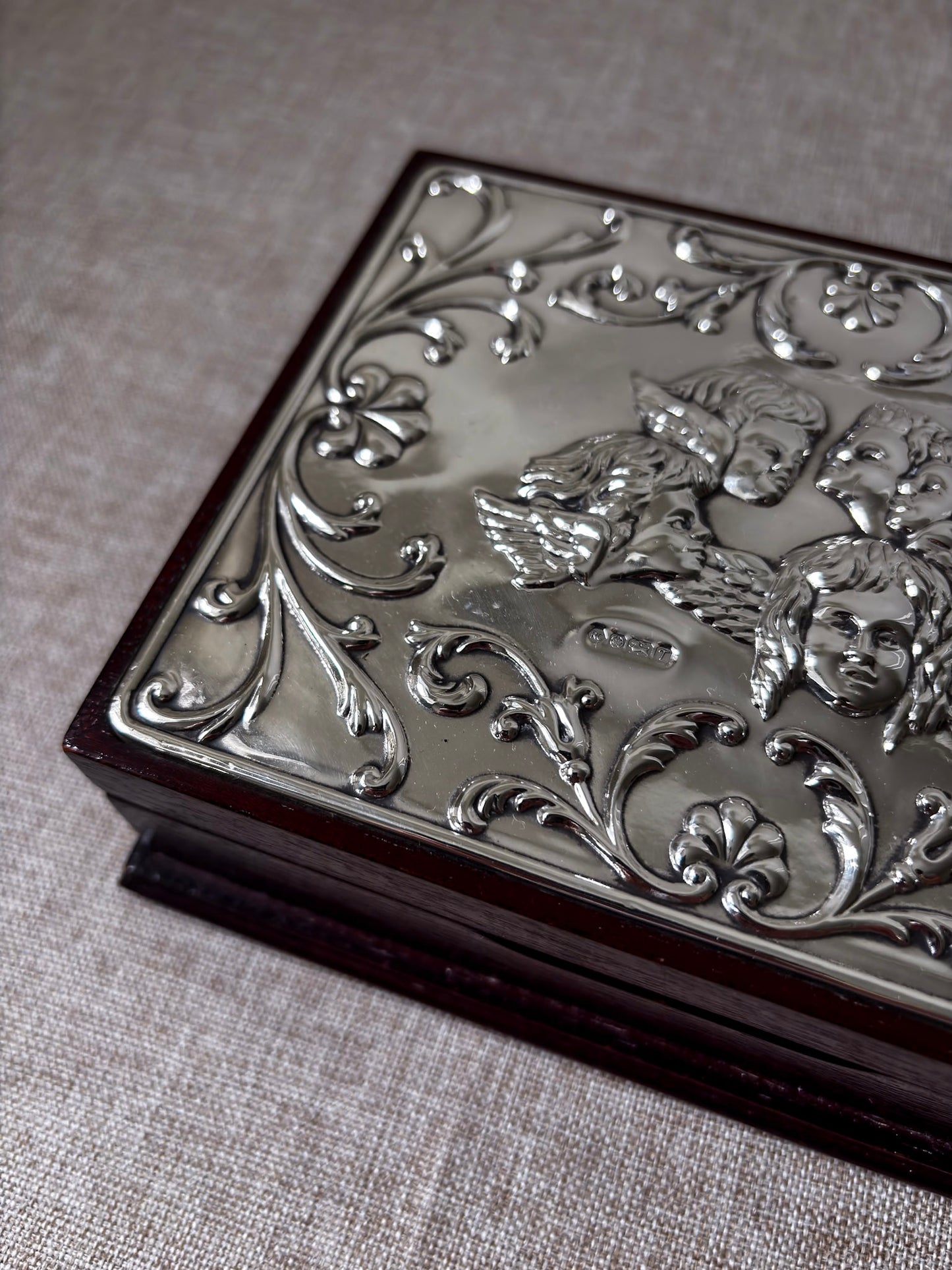 Vintage 925 Sterling Silver Cherub Jewellery Box | Ornate Silver & Wood Keepsake Box
