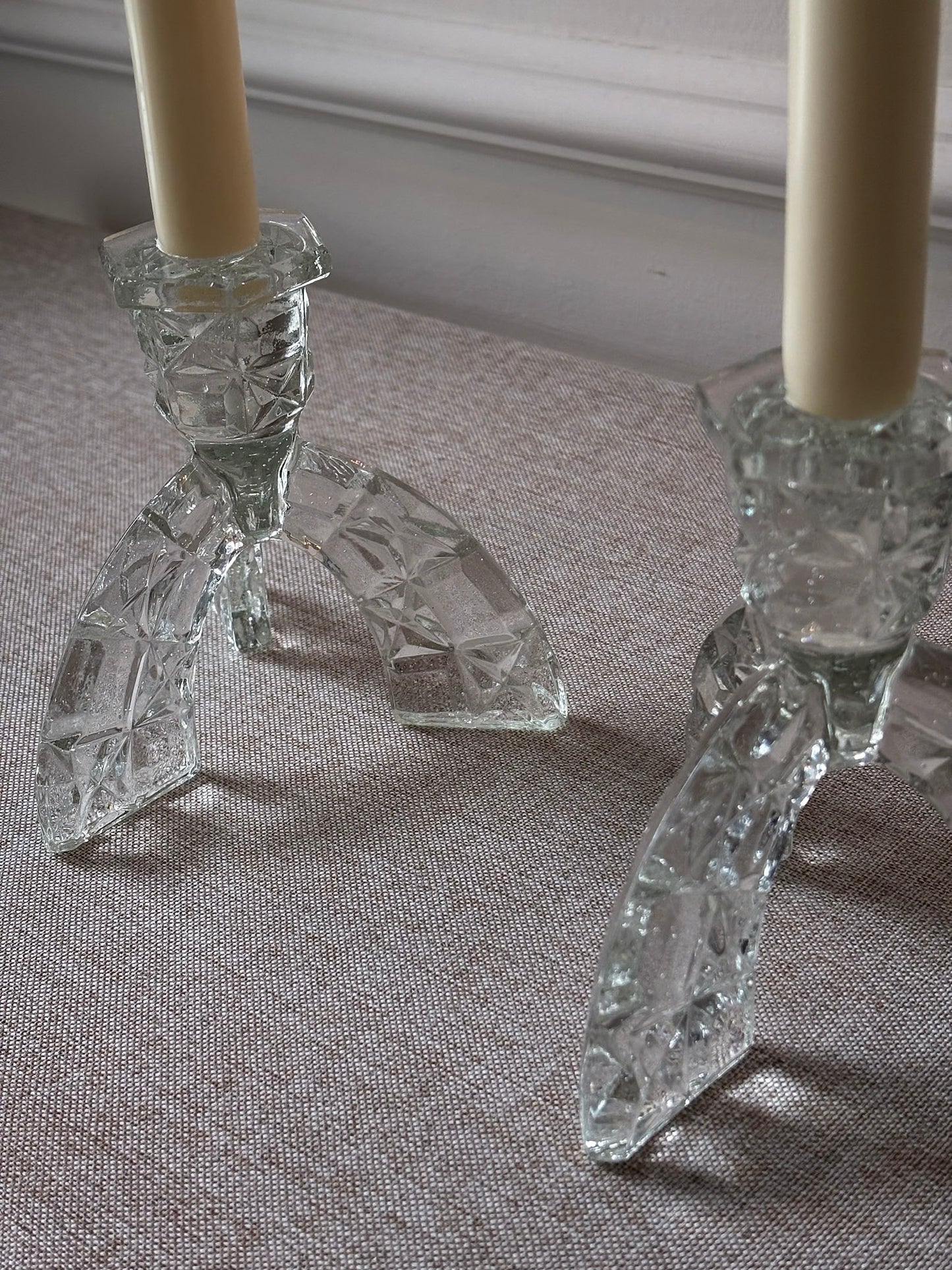 1930s Art Deco Pressed Glass Candlesticks - Pair
