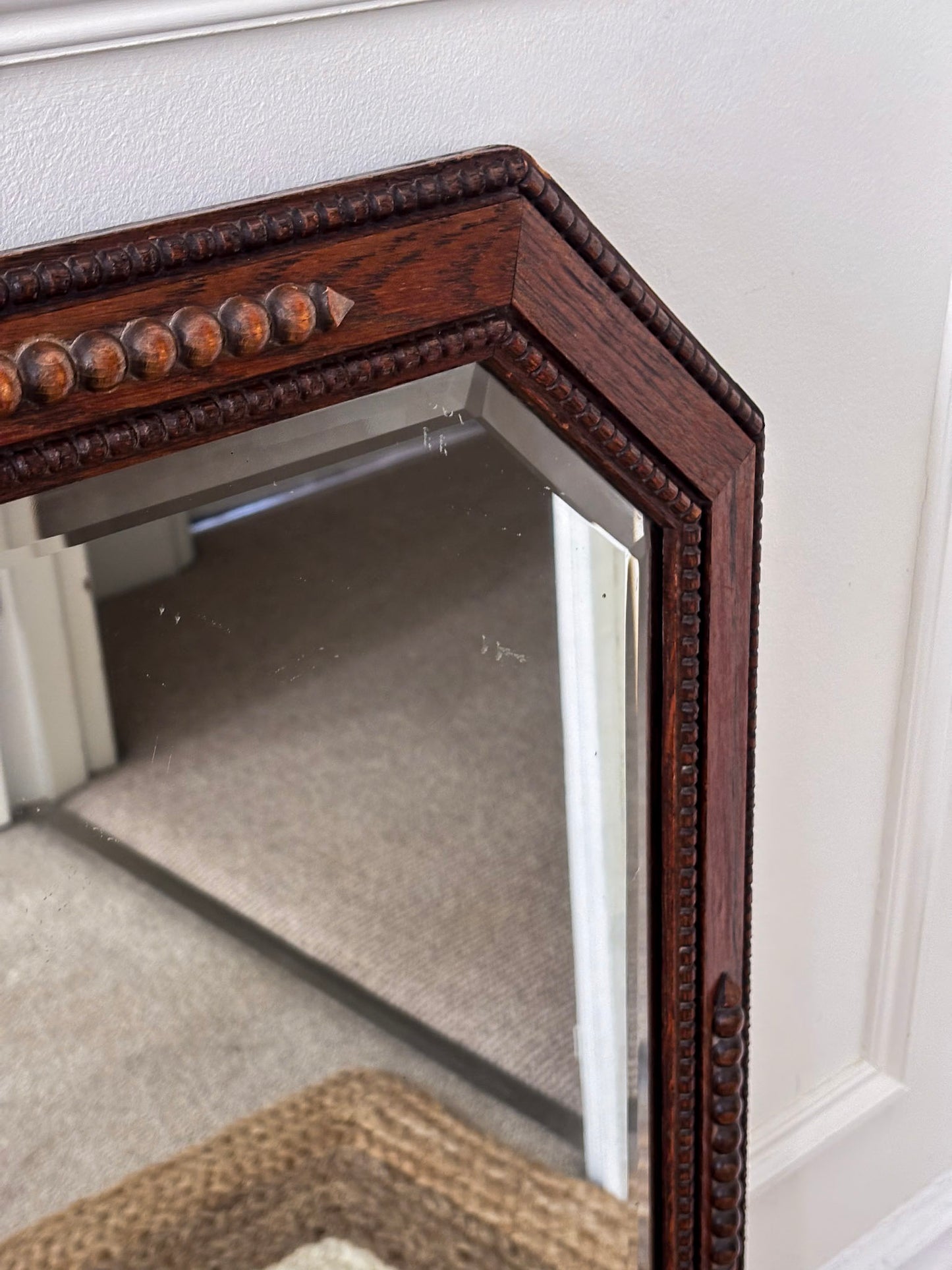 Vintage Octagonal Oak Mirror | Bevelled Arts & Crafts Style Wooden Mirror