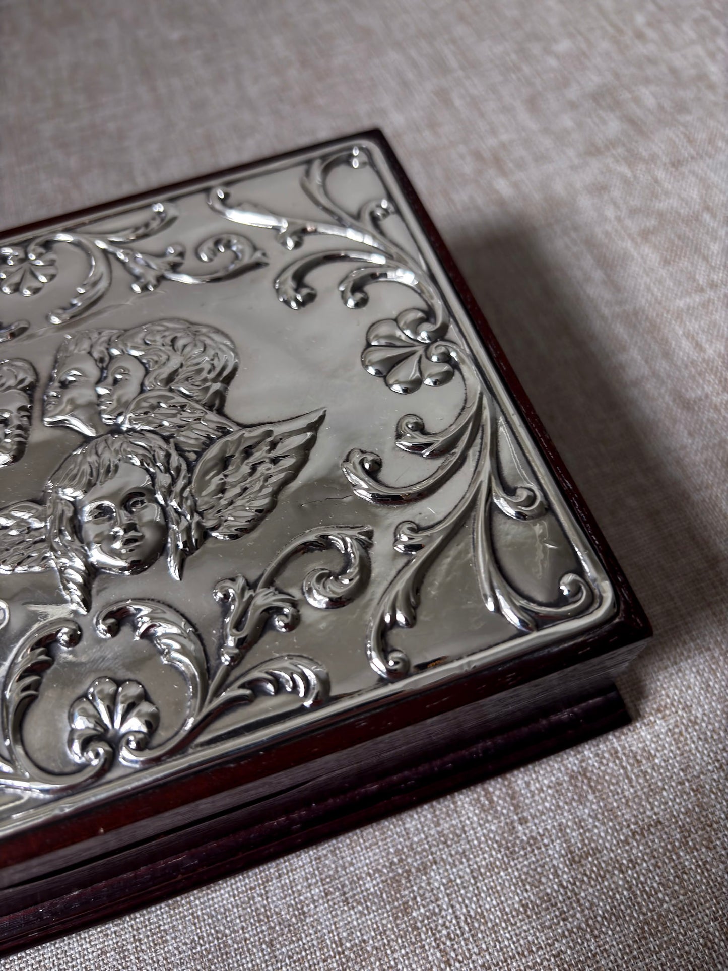 Vintage 925 Sterling Silver Cherub Jewellery Box | Ornate Silver & Wood Keepsake Box