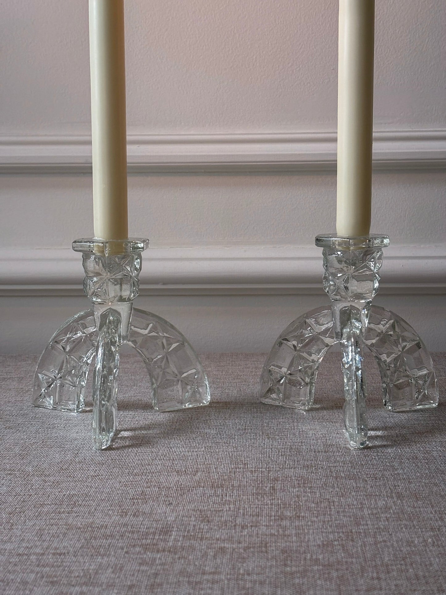 1930s Art Deco Pressed Glass Candlesticks - Pair