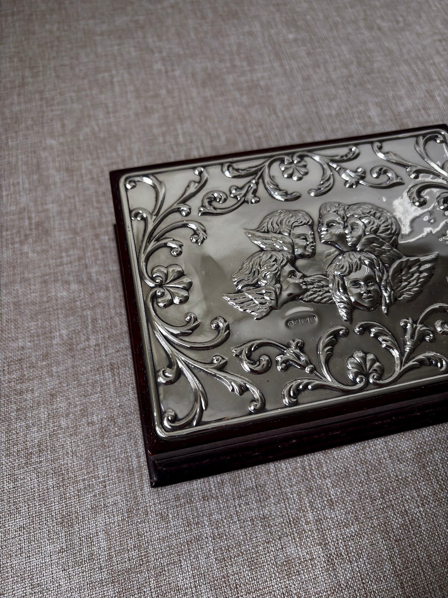 Vintage 925 Sterling Silver Cherub Jewellery Box | Ornate Silver & Wood Keepsake Box