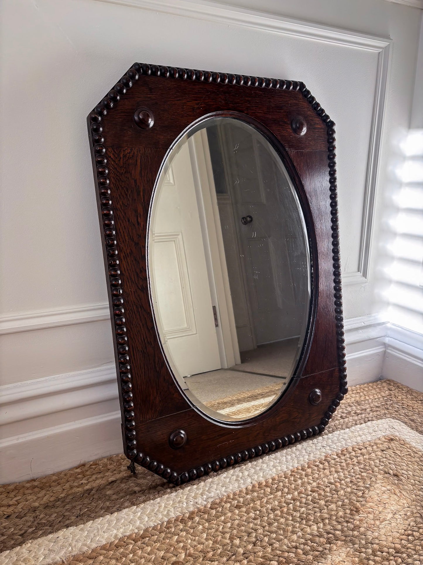 Vintage Beaded-Edge Oak Mirror