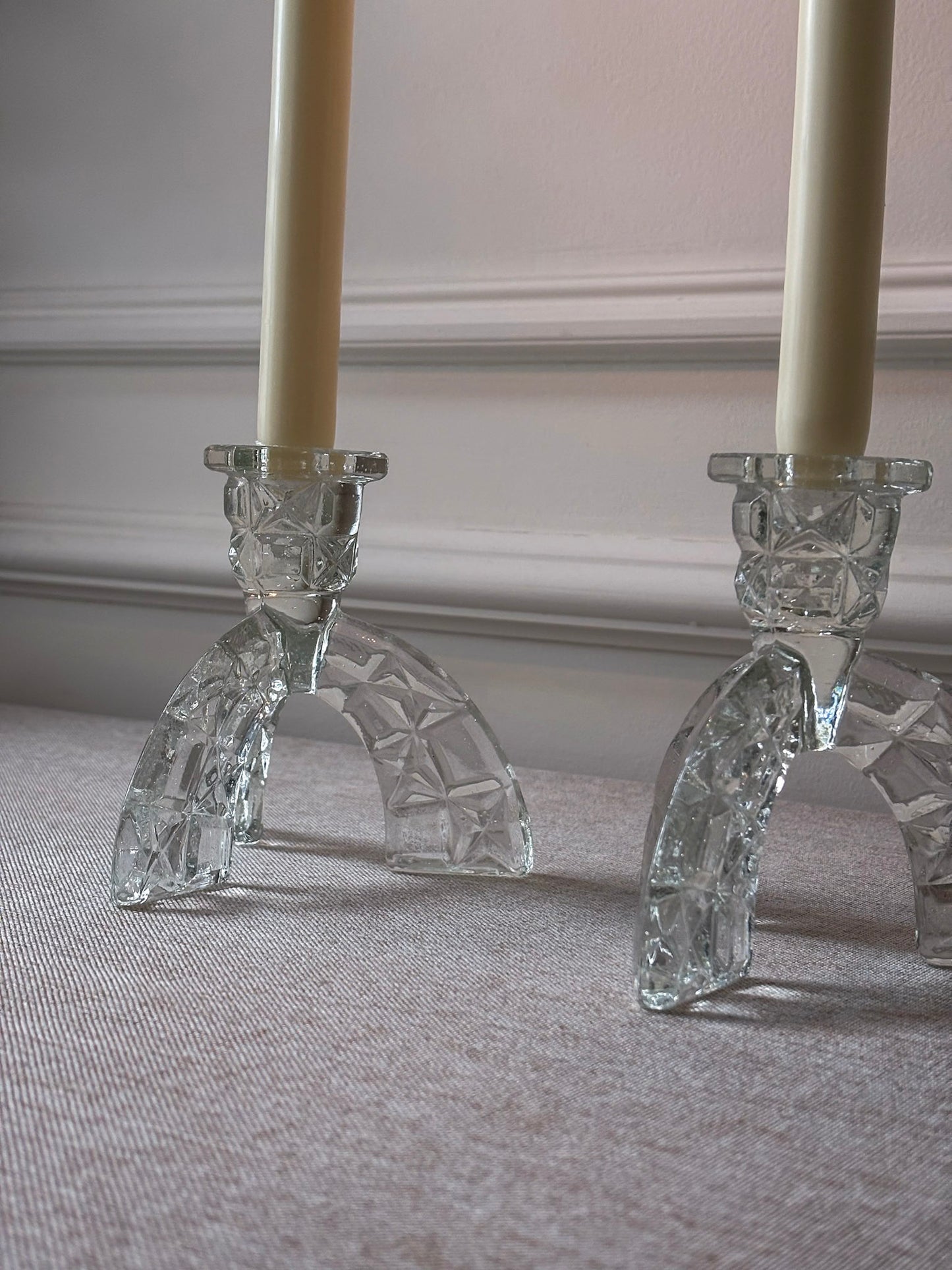 1930s Art Deco Pressed Glass Candlesticks - Pair
