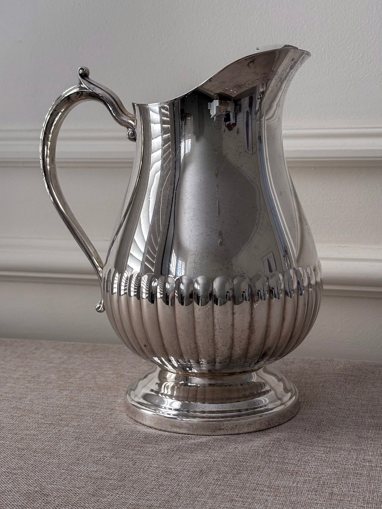 Silver-Plated Jug, Fluted Base with Sculptural Handle, Classic Serving Pitcher
