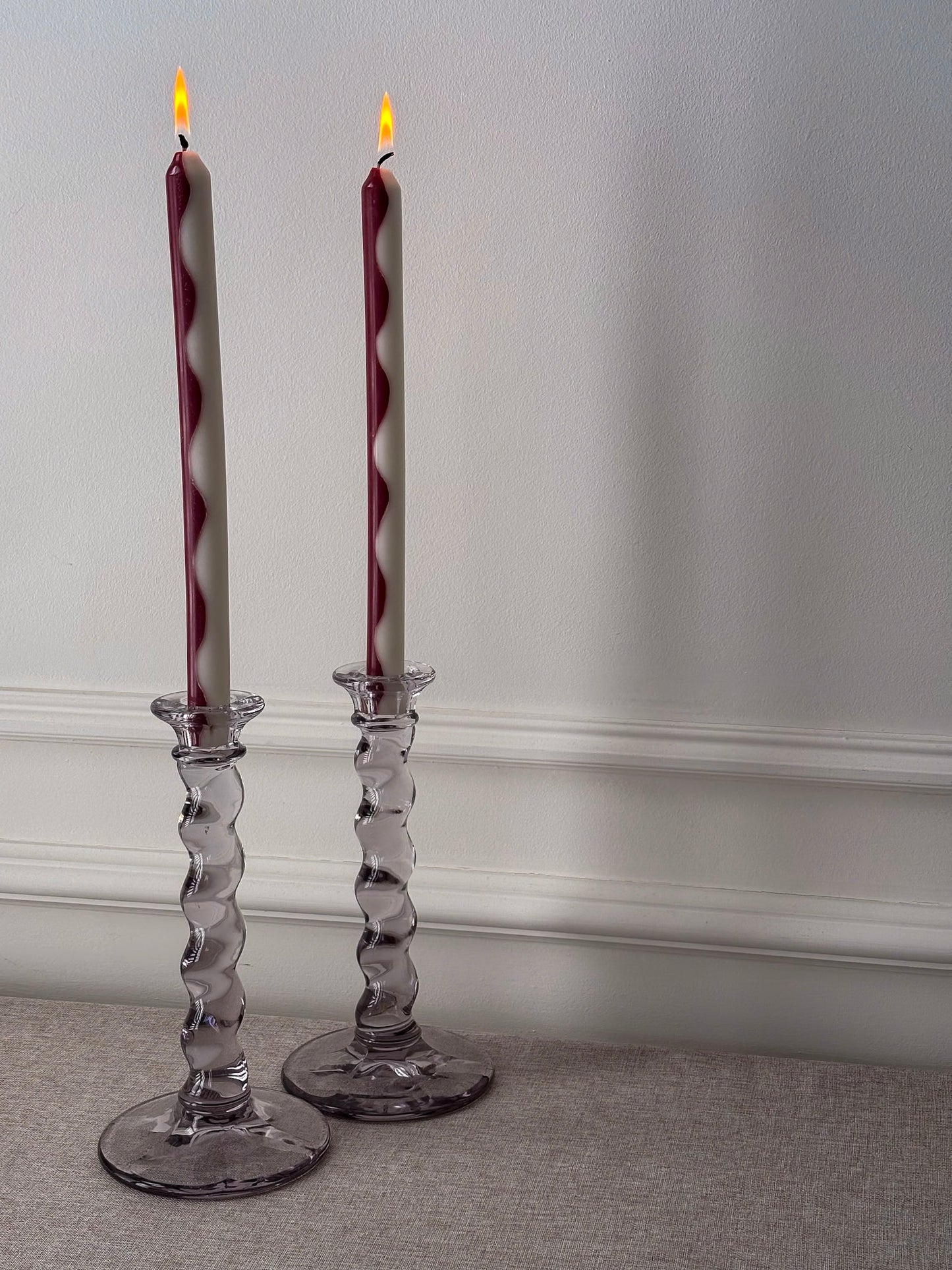 Glass Twist Candlesticks, Pair of Sculptural Spiral Stem Candle Holders