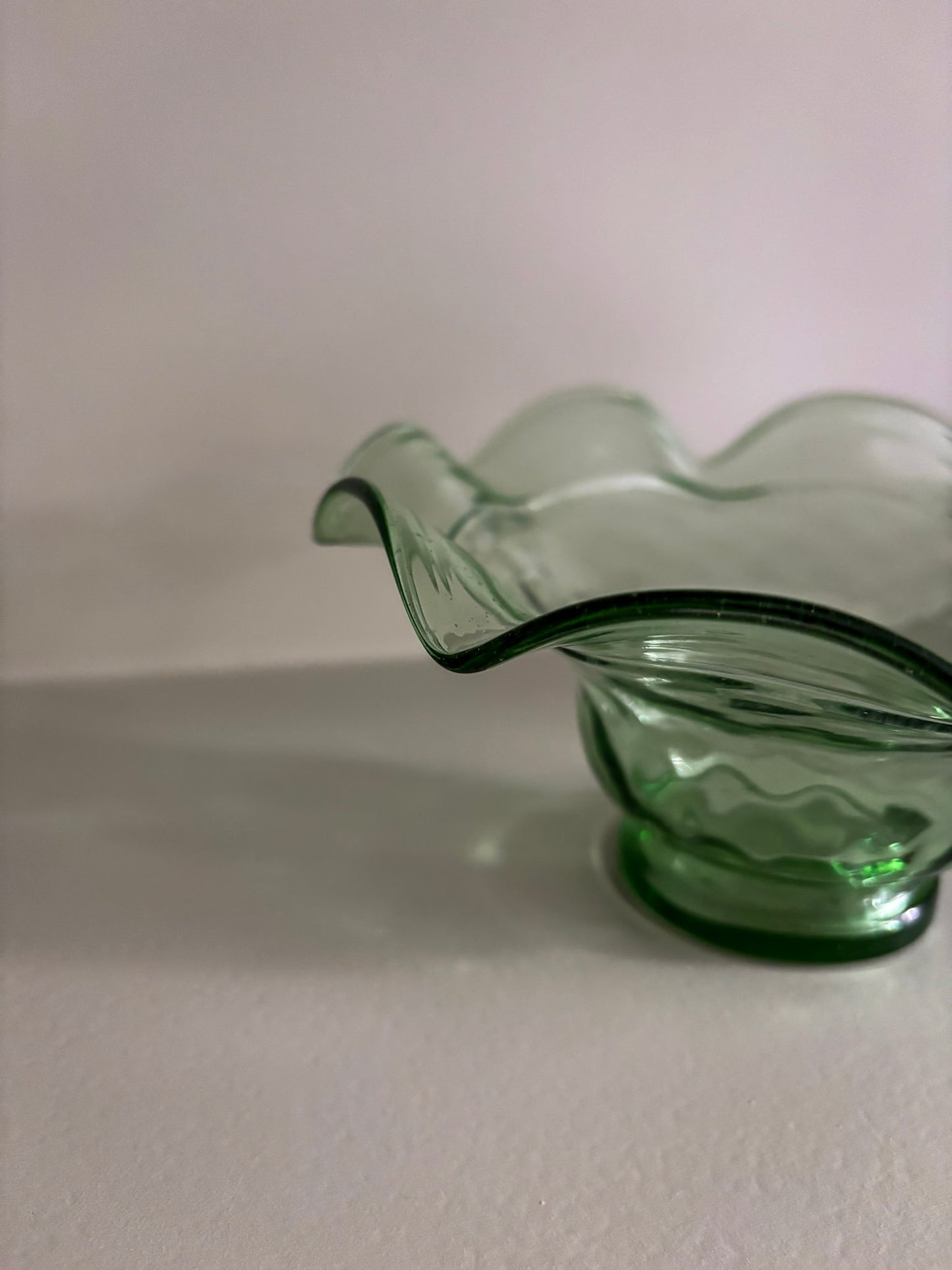 Green Glass Fluted Ruffle Edge Bowl