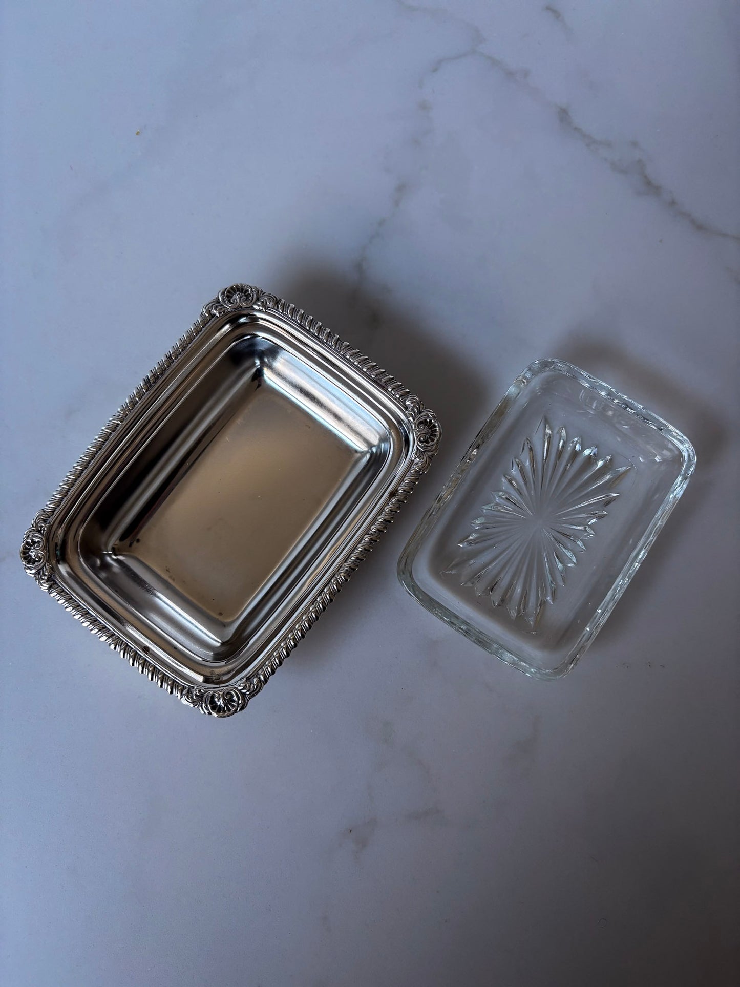 Silver-Plated Soap Dish with Cut Glass Insert