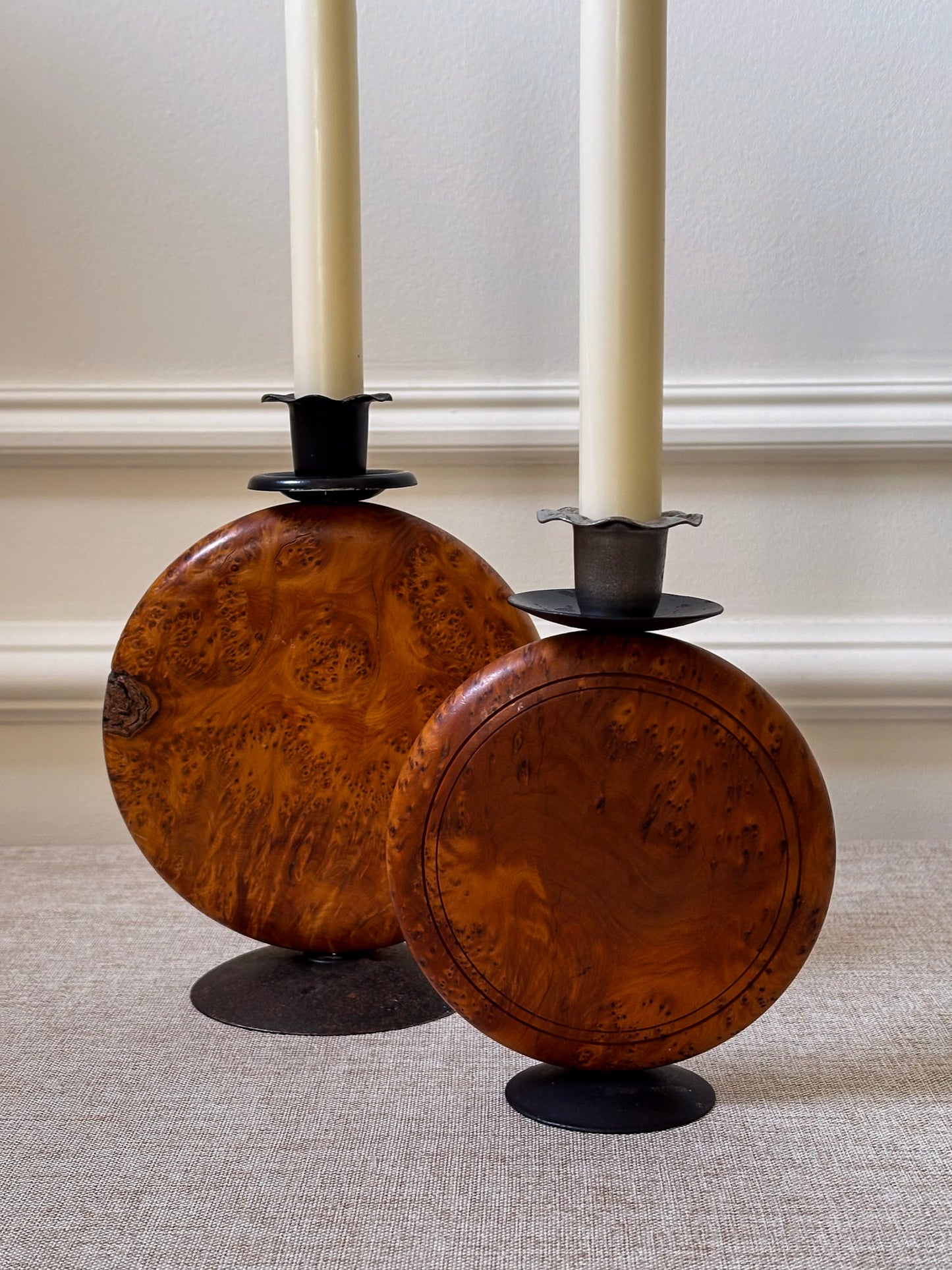 Pair of Vintage Burr Wood Candlesticks | Ripple Edge Sculptural Candle Holders