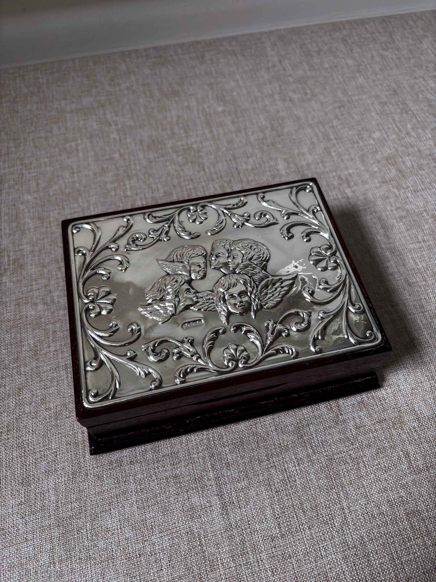 Vintage 925 Sterling Silver Cherub Jewellery Box | Ornate Silver & Wood Keepsake Box