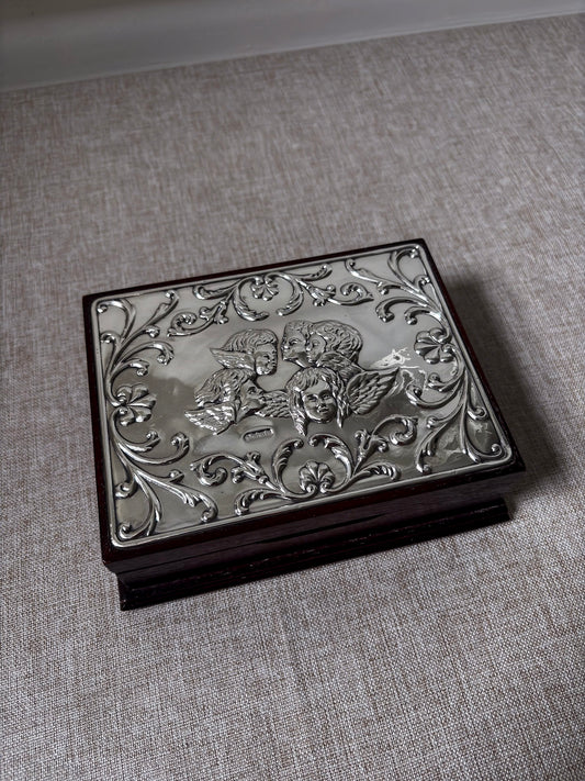 Vintage 925 Sterling Silver Cherub Jewellery Box | Ornate Silver & Wood Keepsake Box