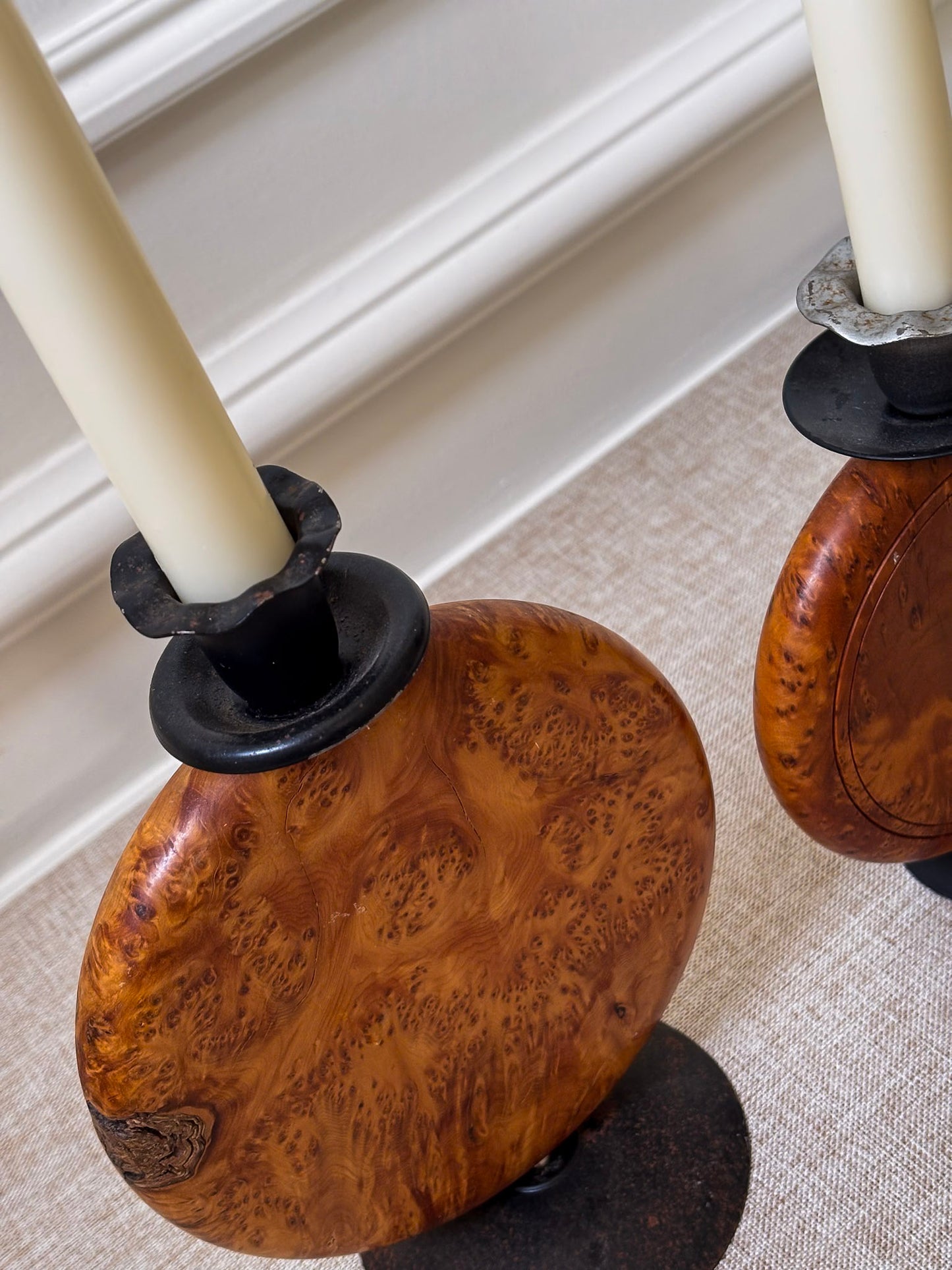 Pair of Vintage Burr Wood Candlesticks | Ripple Edge Sculptural Candle Holders