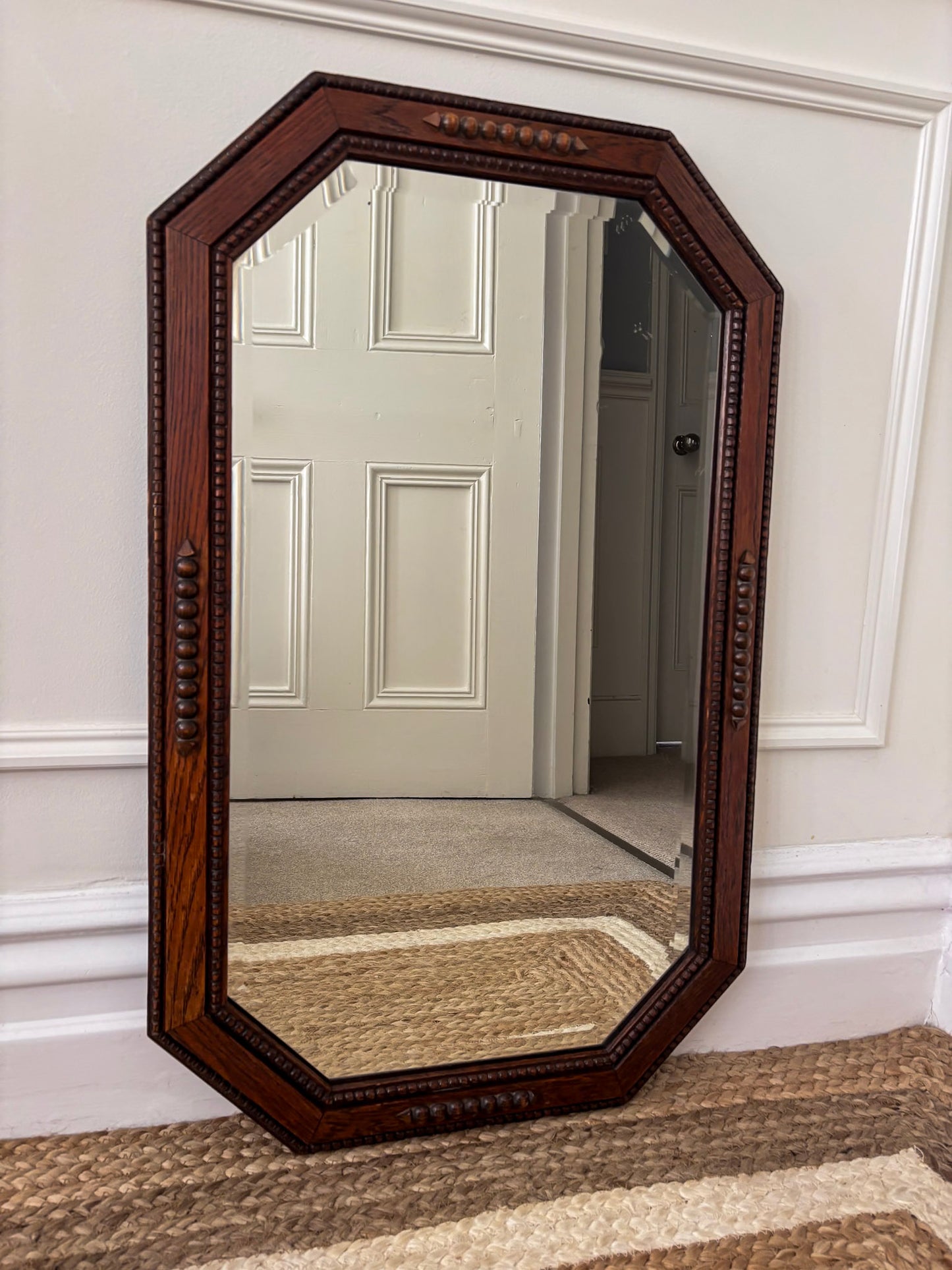 Vintage Octagonal Oak Mirror | Bevelled Arts & Crafts Style Wooden Mirror