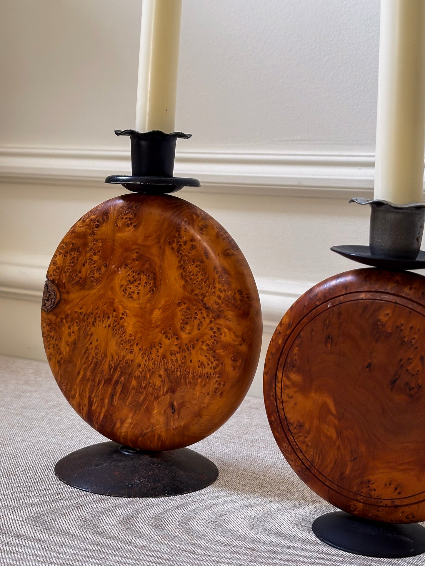 Pair of Vintage Burr Wood Candlesticks | Ripple Edge Sculptural Candle Holders
