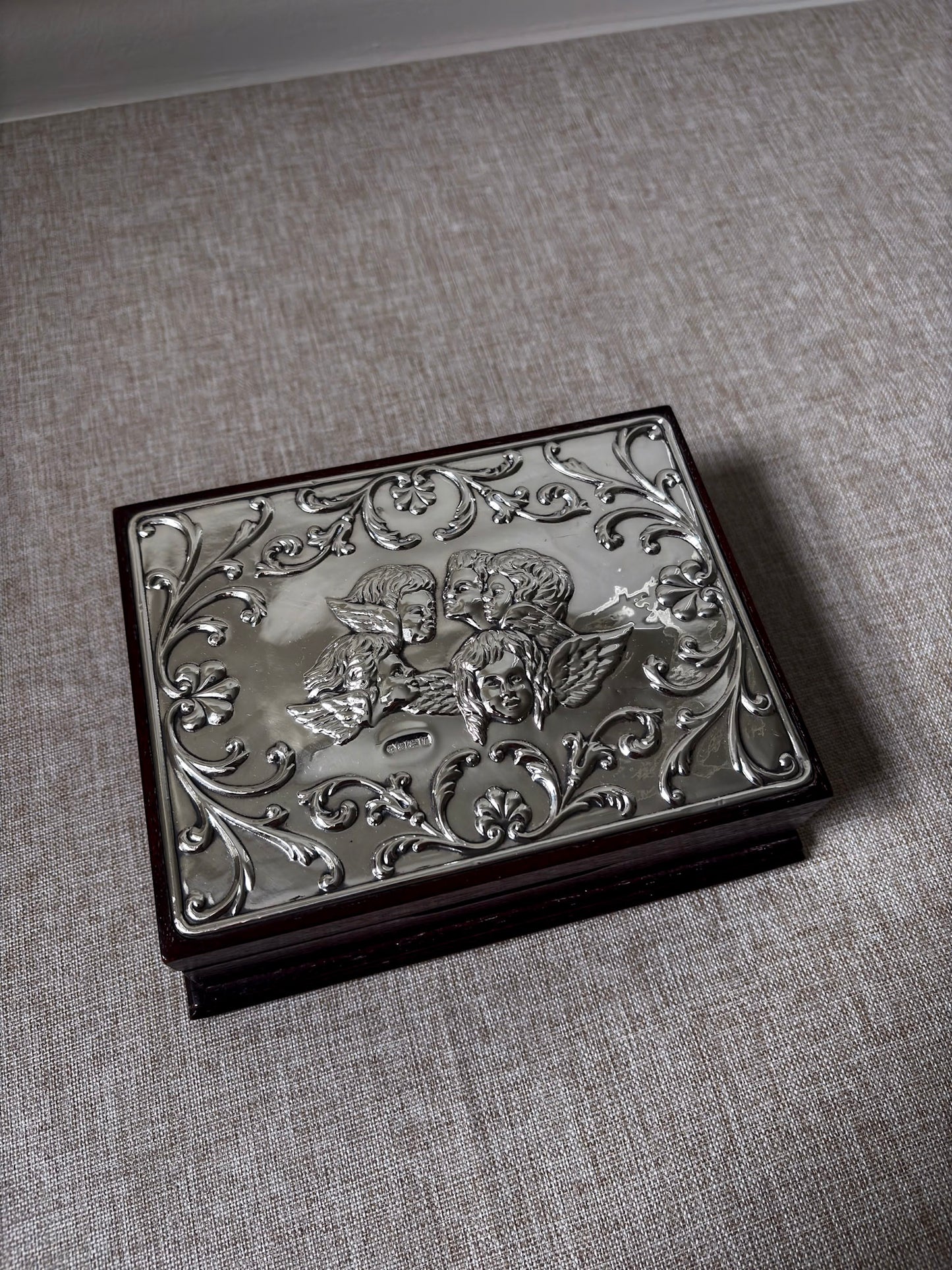 Vintage 925 Sterling Silver Cherub Jewellery Box | Ornate Silver & Wood Keepsake Box