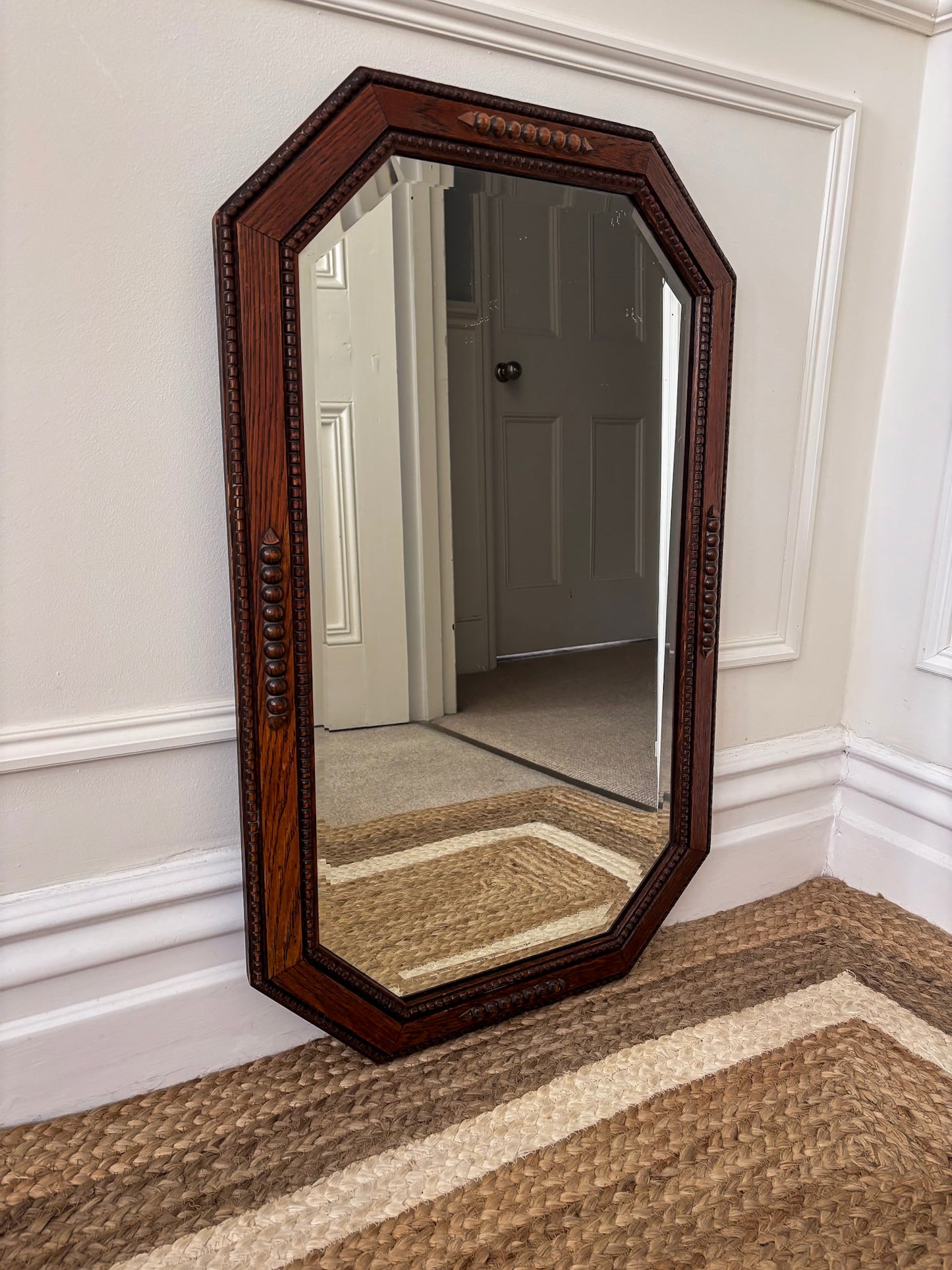 Vintage Octagonal Oak Mirror | Bevelled Arts & Crafts Style Wooden Mirror