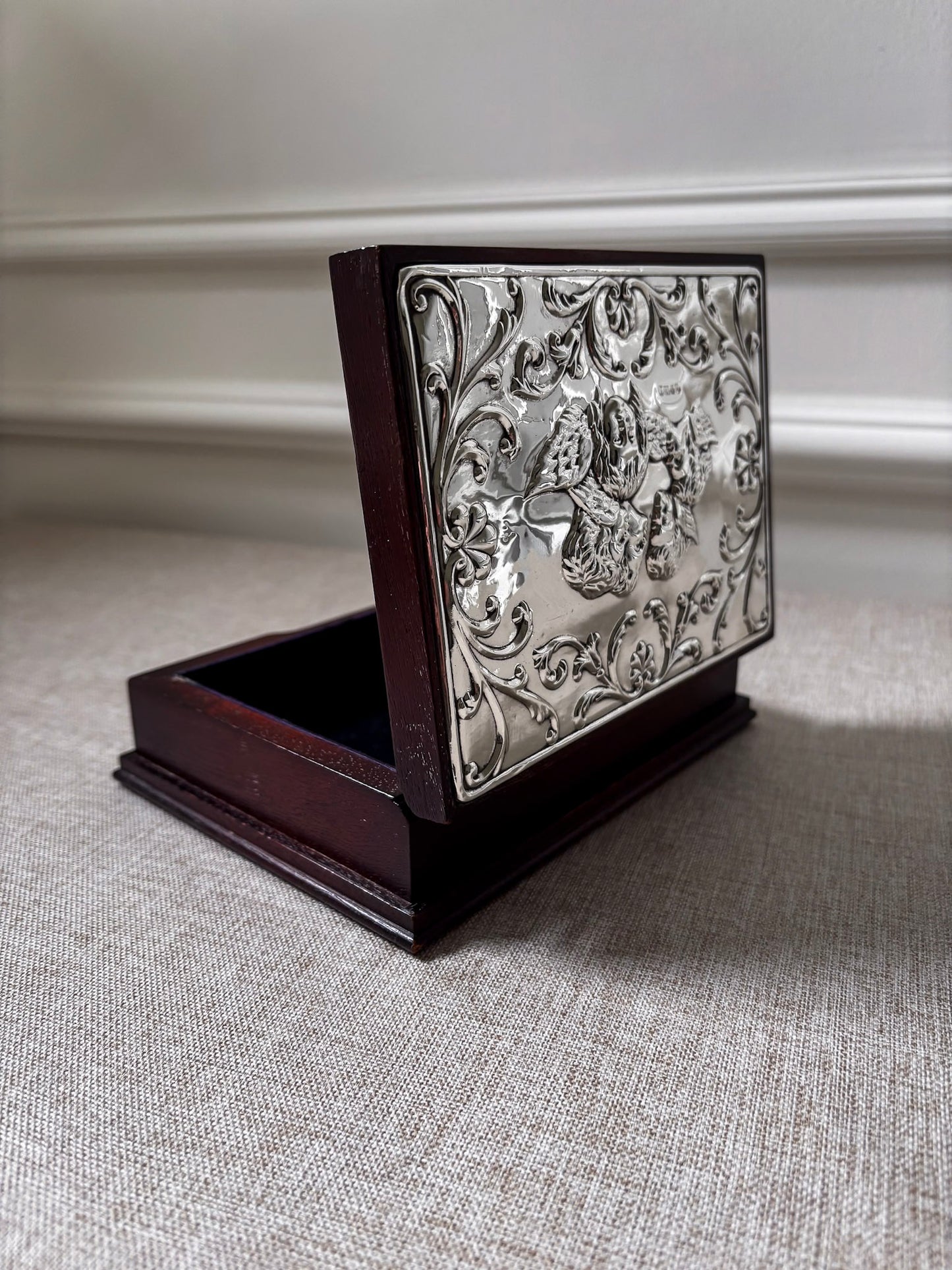 Vintage 925 Sterling Silver Cherub Jewellery Box | Ornate Silver & Wood Keepsake Box