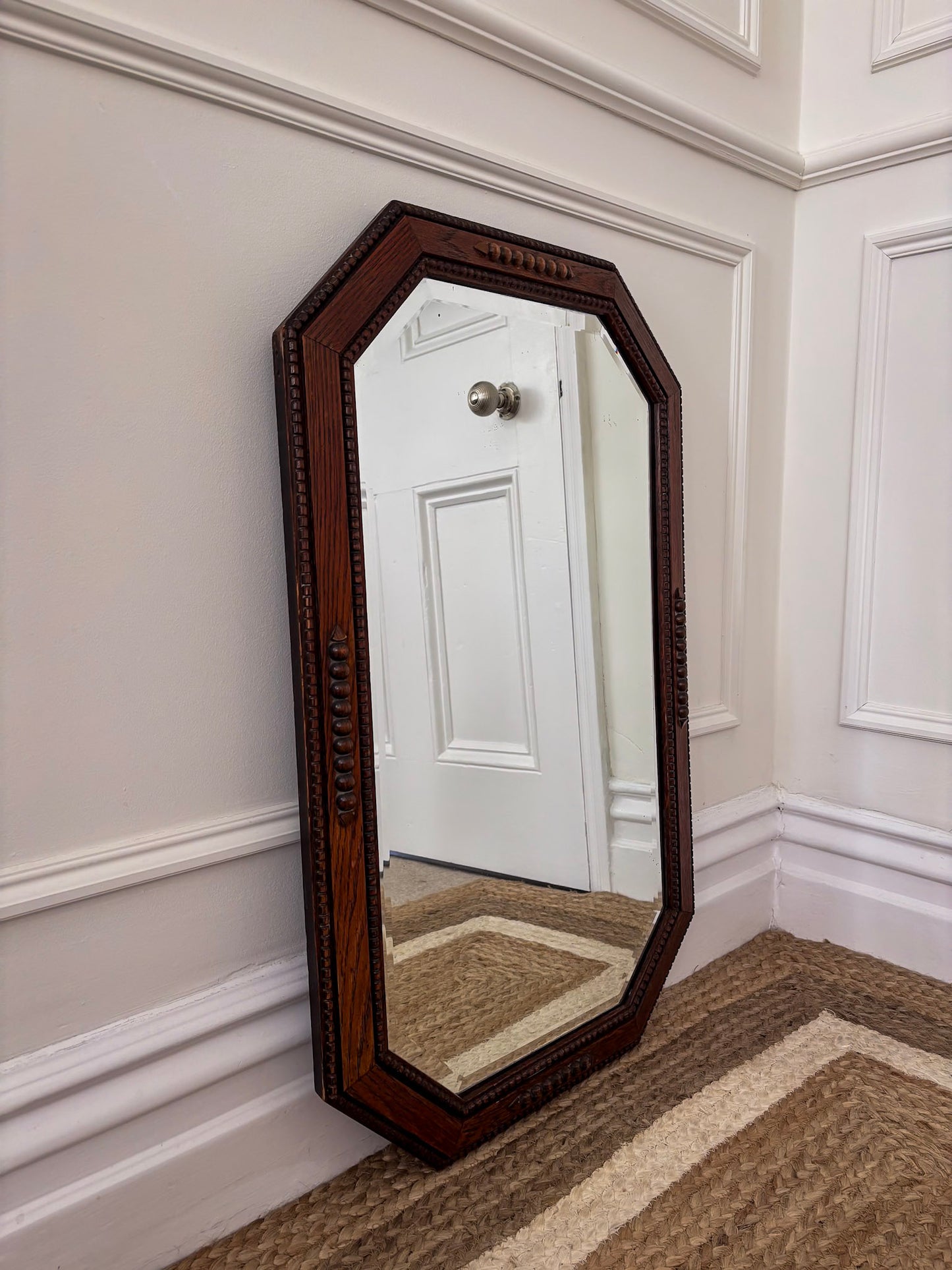 Vintage Octagonal Oak Mirror | Bevelled Arts & Crafts Style Wooden Mirror