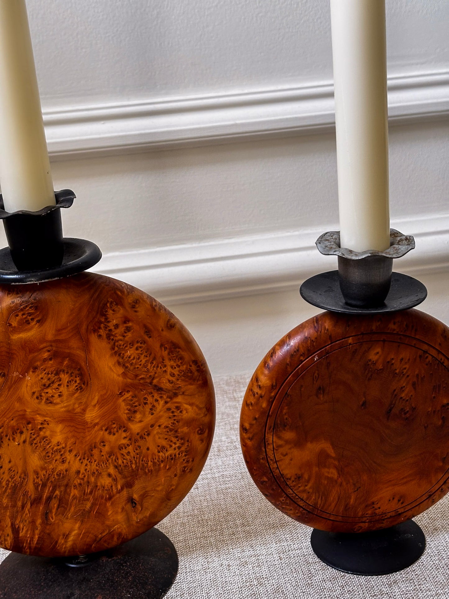 Pair of Vintage Burr Wood Candlesticks | Ripple Edge Sculptural Candle Holders