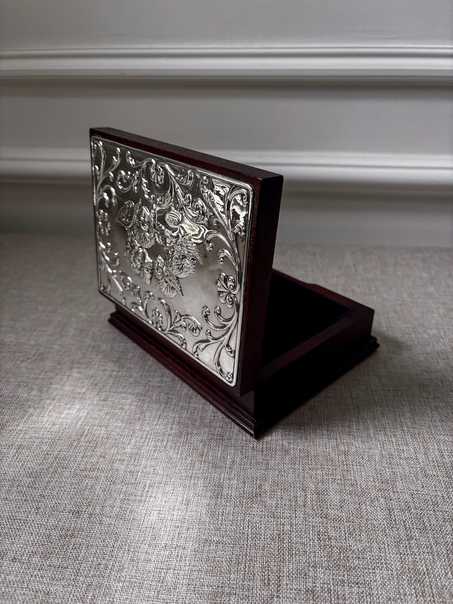 Vintage 925 Sterling Silver Cherub Jewellery Box | Ornate Silver & Wood Keepsake Box