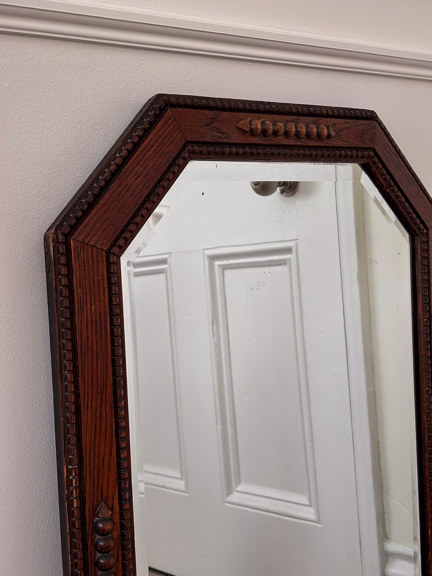 Vintage Octagonal Oak Mirror | Bevelled Arts & Crafts Style Wooden Mirror