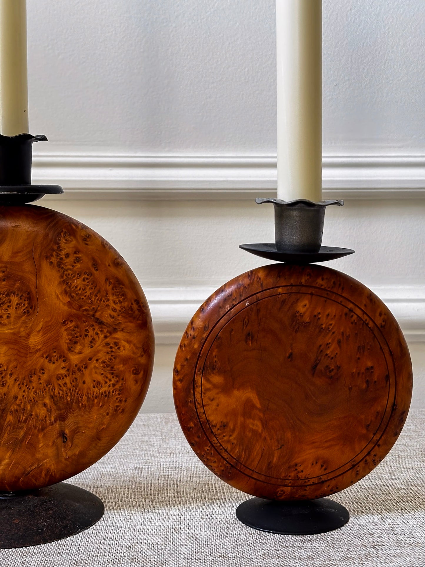 Pair of Vintage Burr Wood Candlesticks | Ripple Edge Sculptural Candle Holders