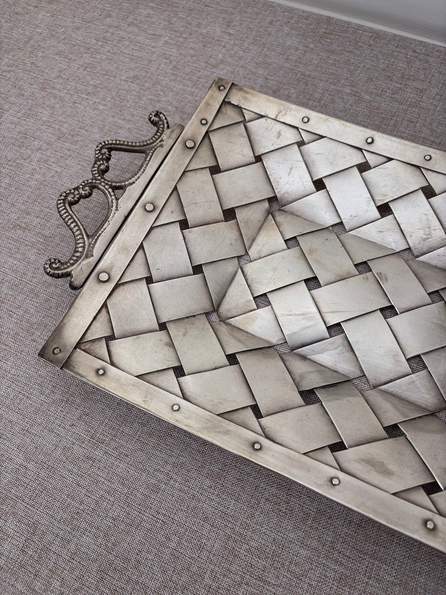 Silver-Tone Woven Tray with Ornate Handles, Rectangular Decorative Tray