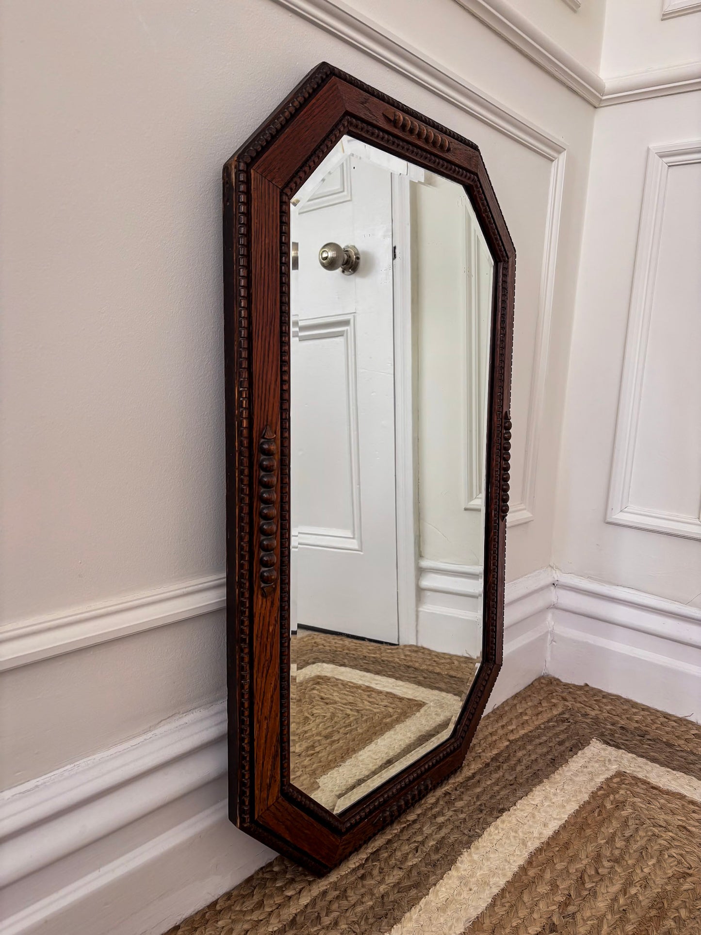 Vintage Octagonal Oak Mirror | Bevelled Arts & Crafts Style Wooden Mirror