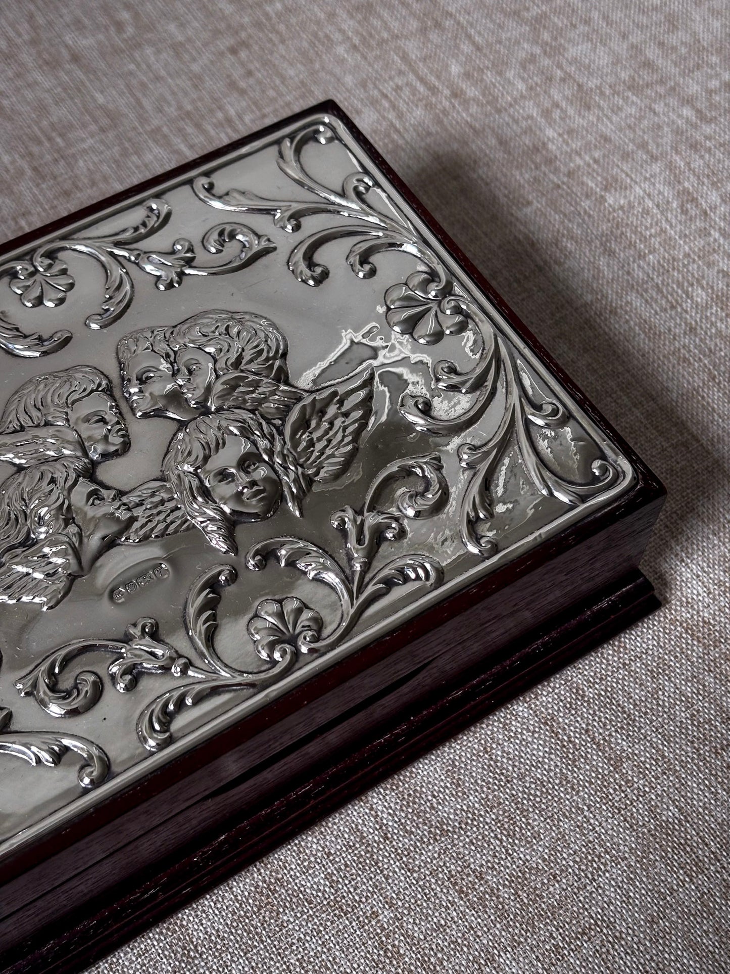 Vintage 925 Sterling Silver Cherub Jewellery Box | Ornate Silver & Wood Keepsake Box