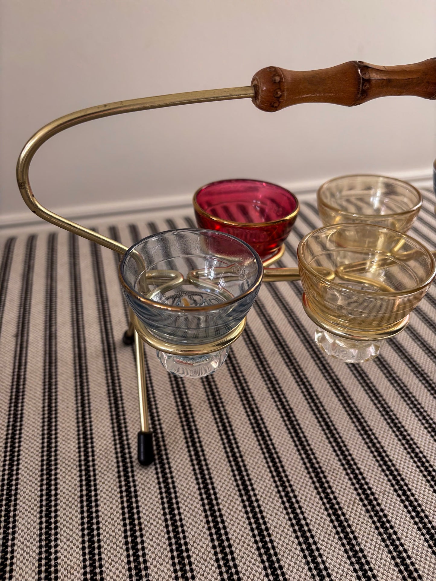 1950s Harlequin Shot Glass Set with Caddy & Bamboo Handle