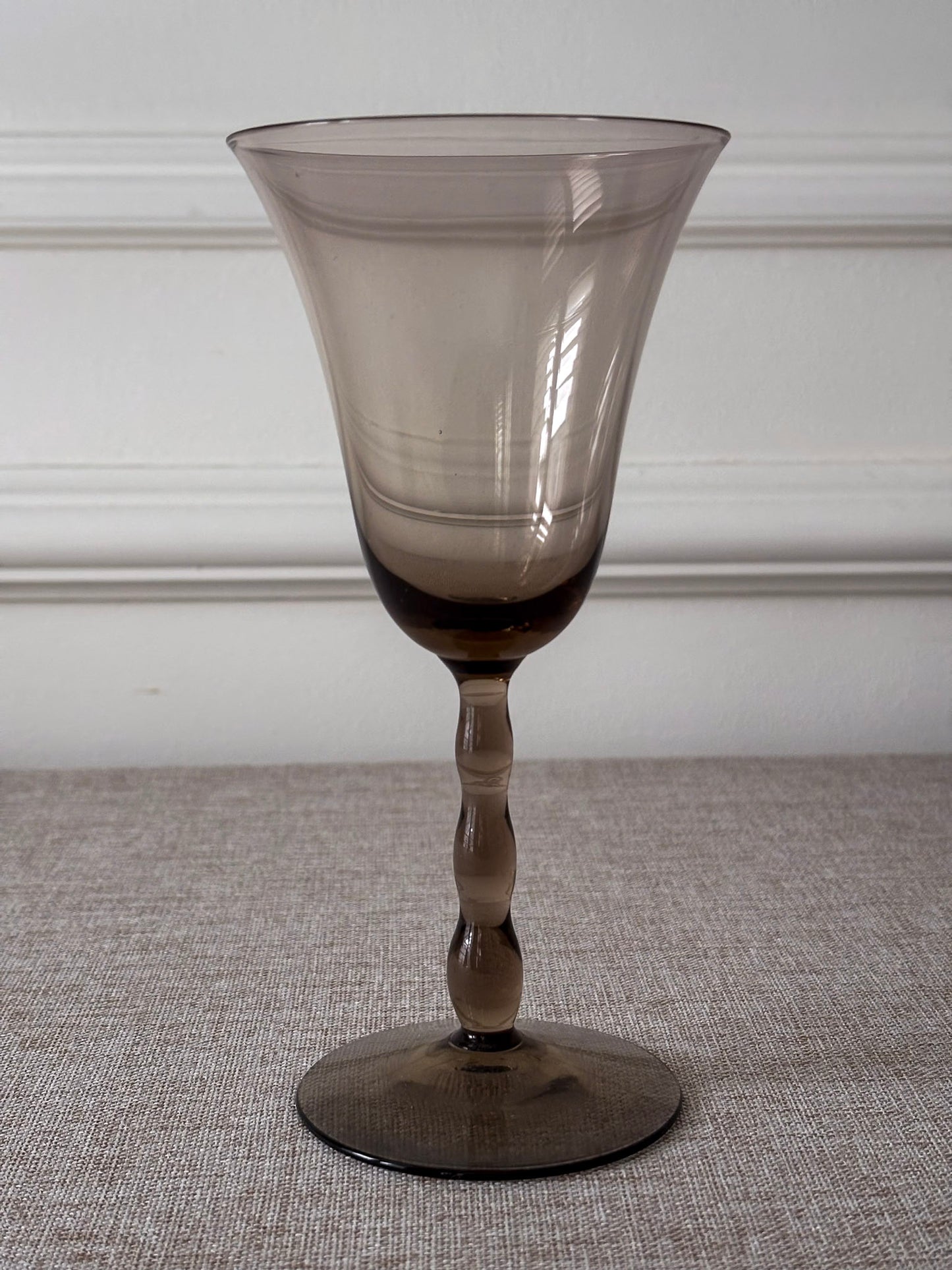 Set of 4 Orrefors “Astrid Sampe” Smoky Bobbin Stem Wine Glasses