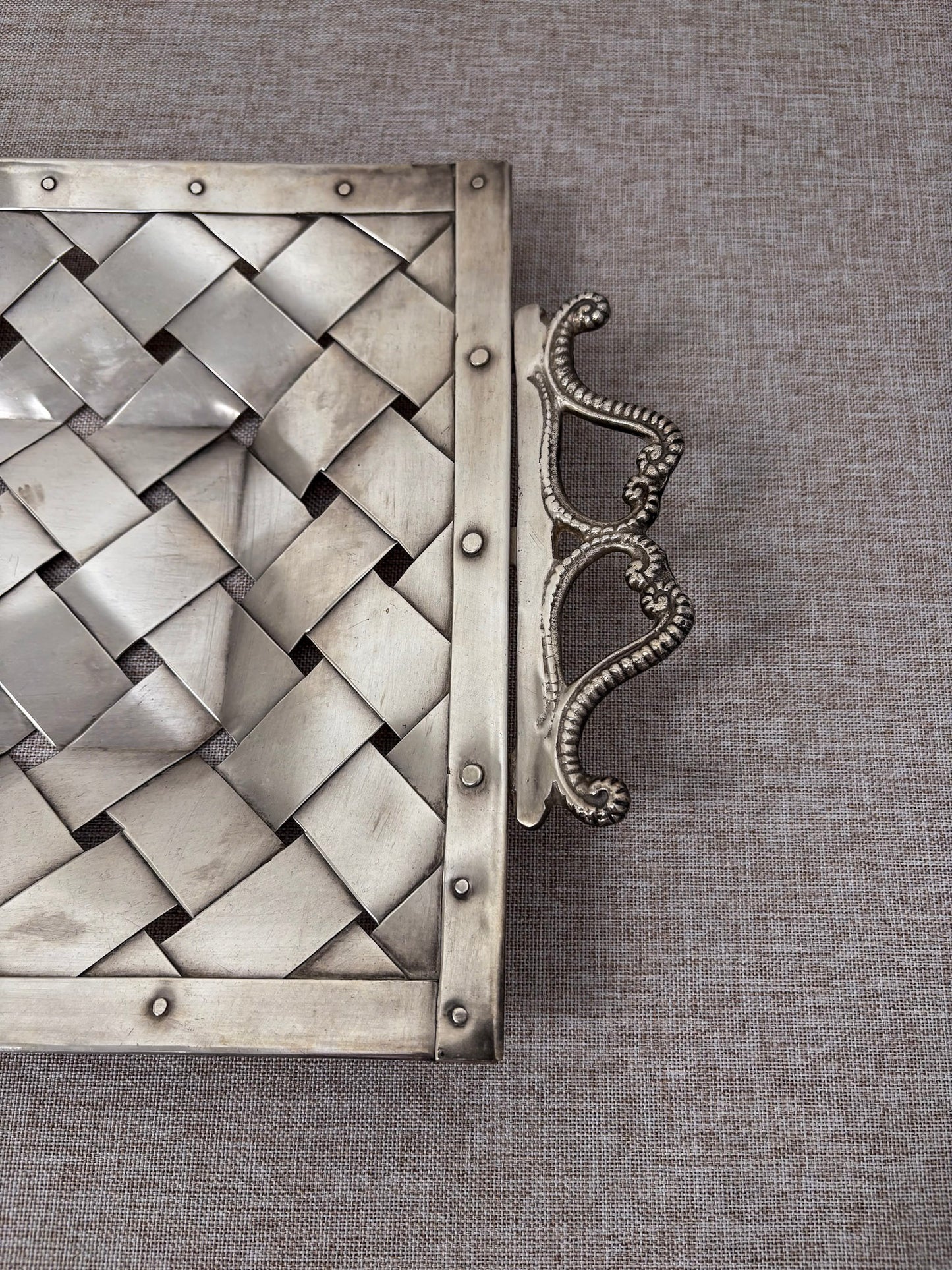 Silver-Tone Woven Tray with Ornate Handles, Rectangular Decorative Tray