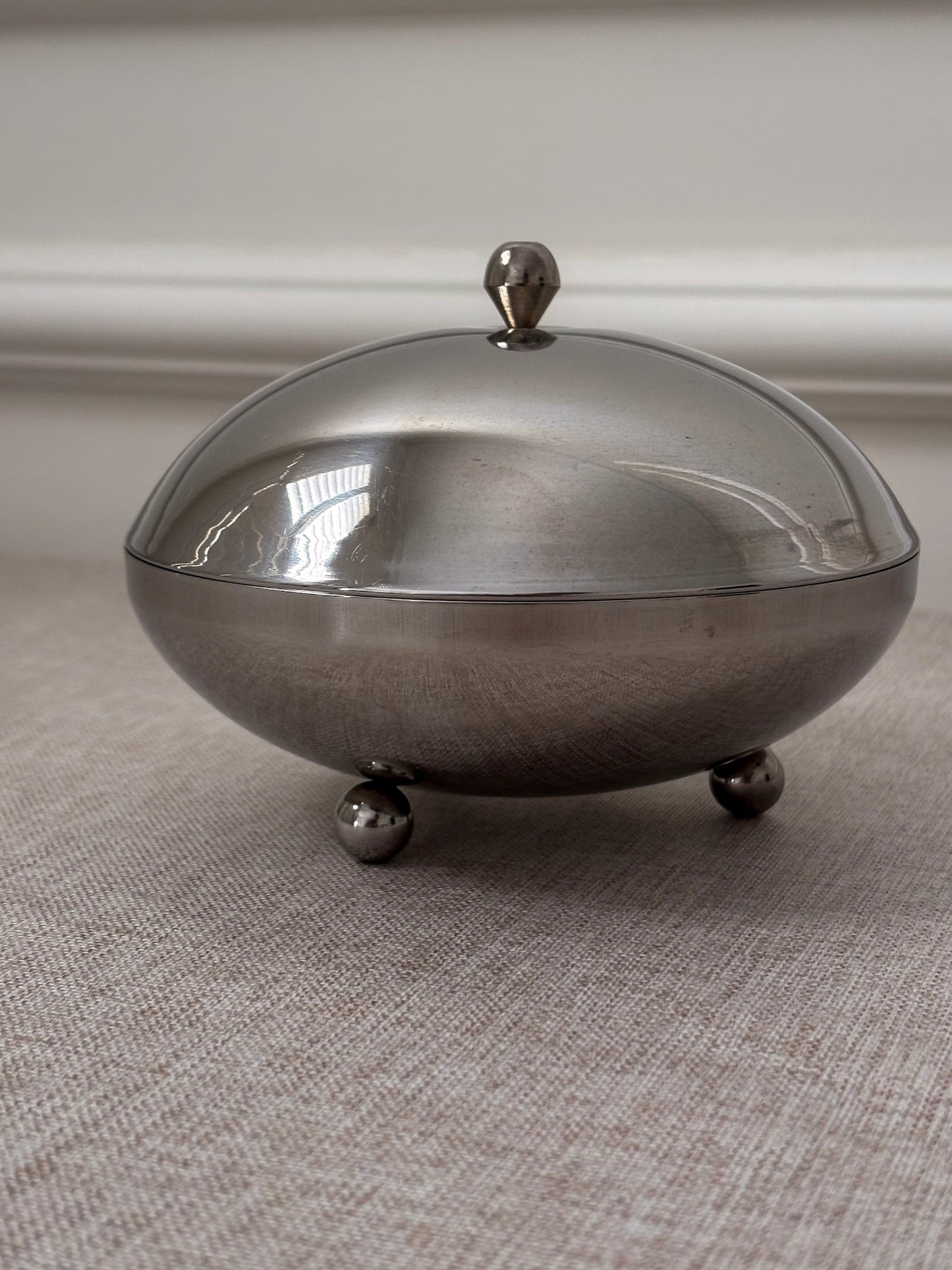 1960s Chrome Lidded Bowl | Mid Century Modern Metal Trinket Dish