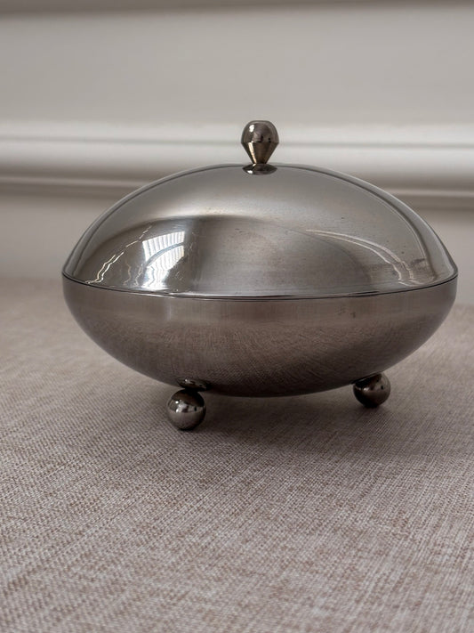 1960s Chrome Lidded Bowl | Mid Century Modern Metal Trinket Dish