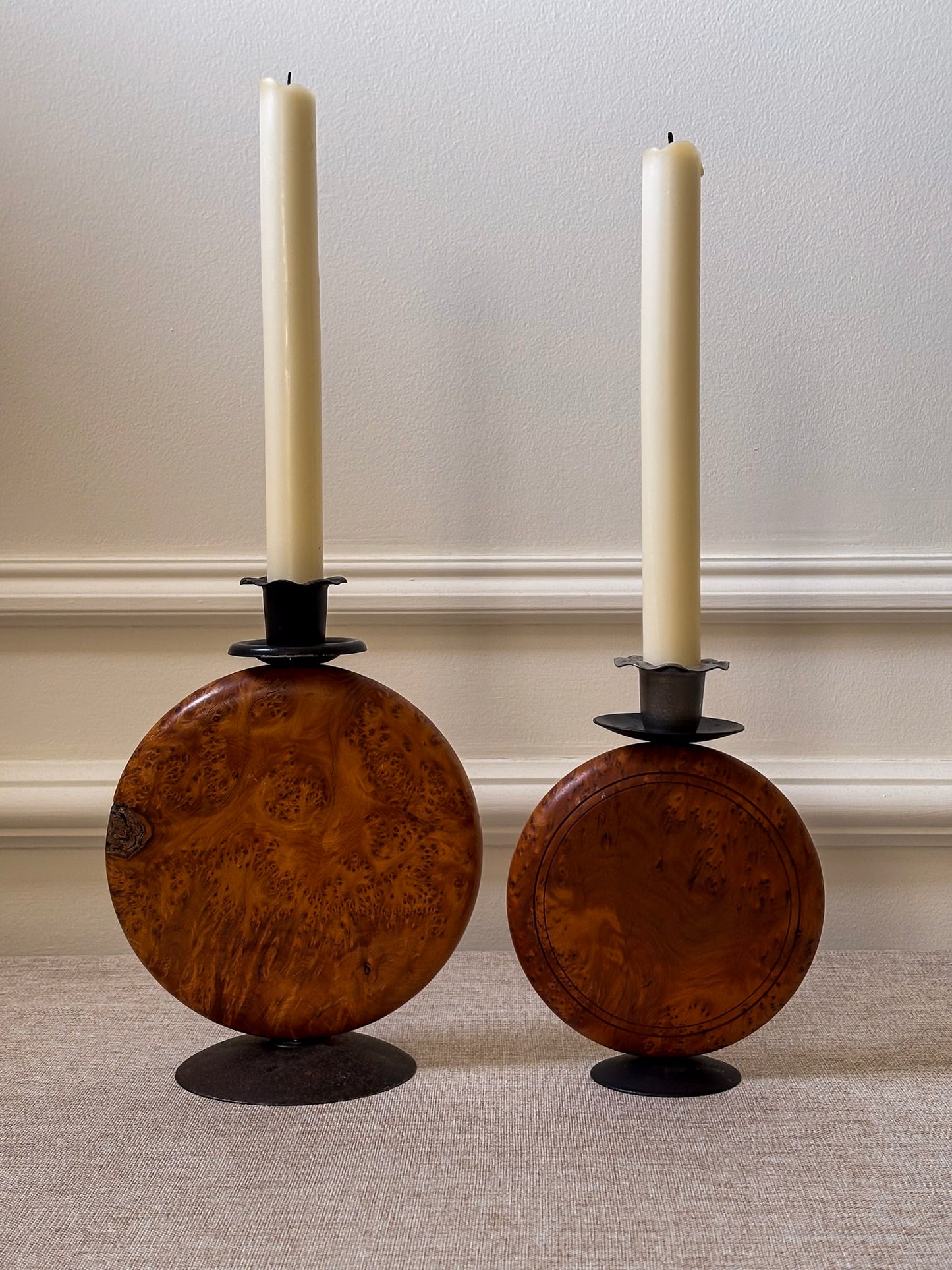 Pair of Vintage Burr Wood Candlesticks | Ripple Edge Sculptural Candle Holders