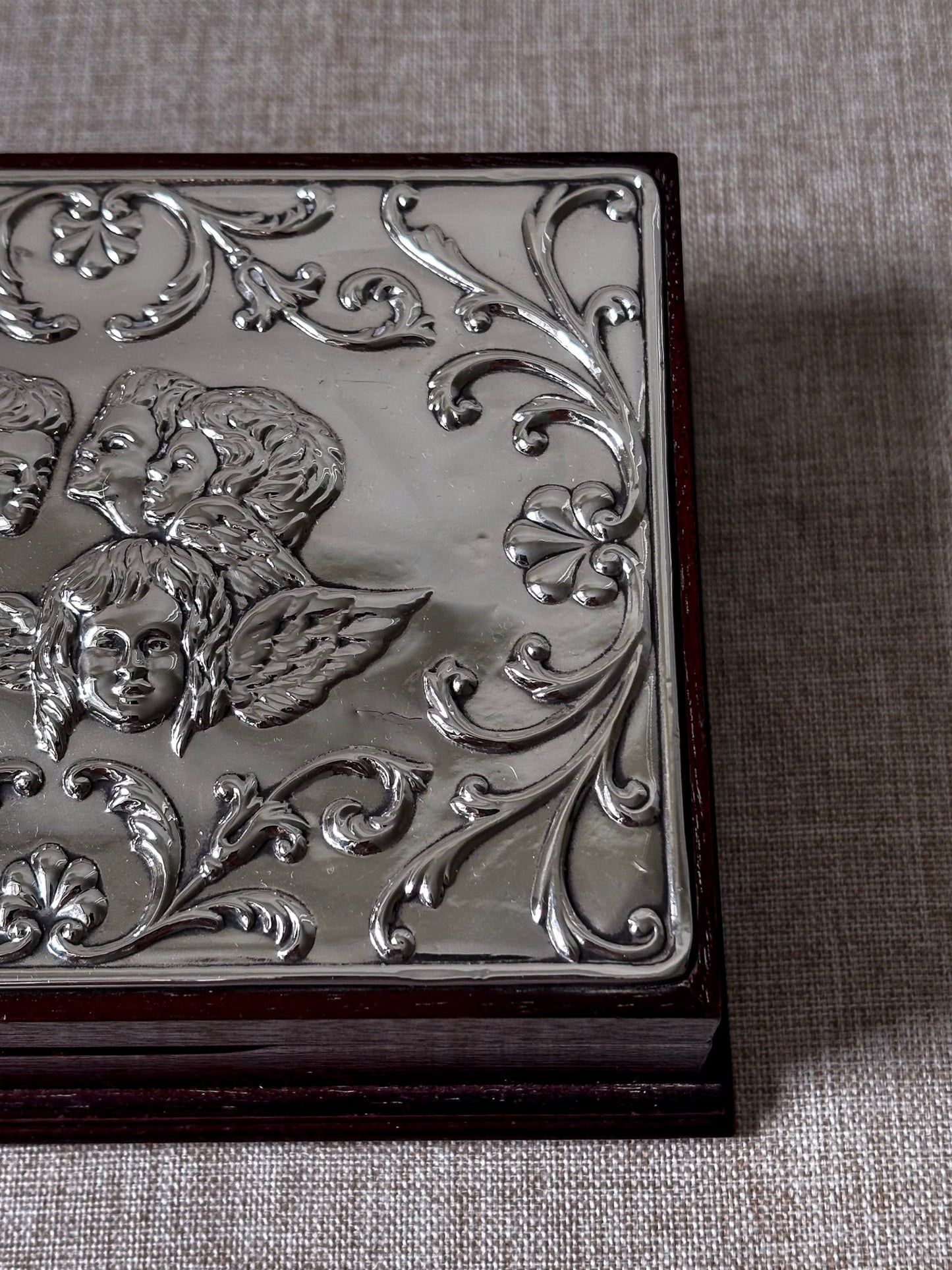 Vintage 925 Sterling Silver Cherub Jewellery Box | Ornate Silver & Wood Keepsake Box