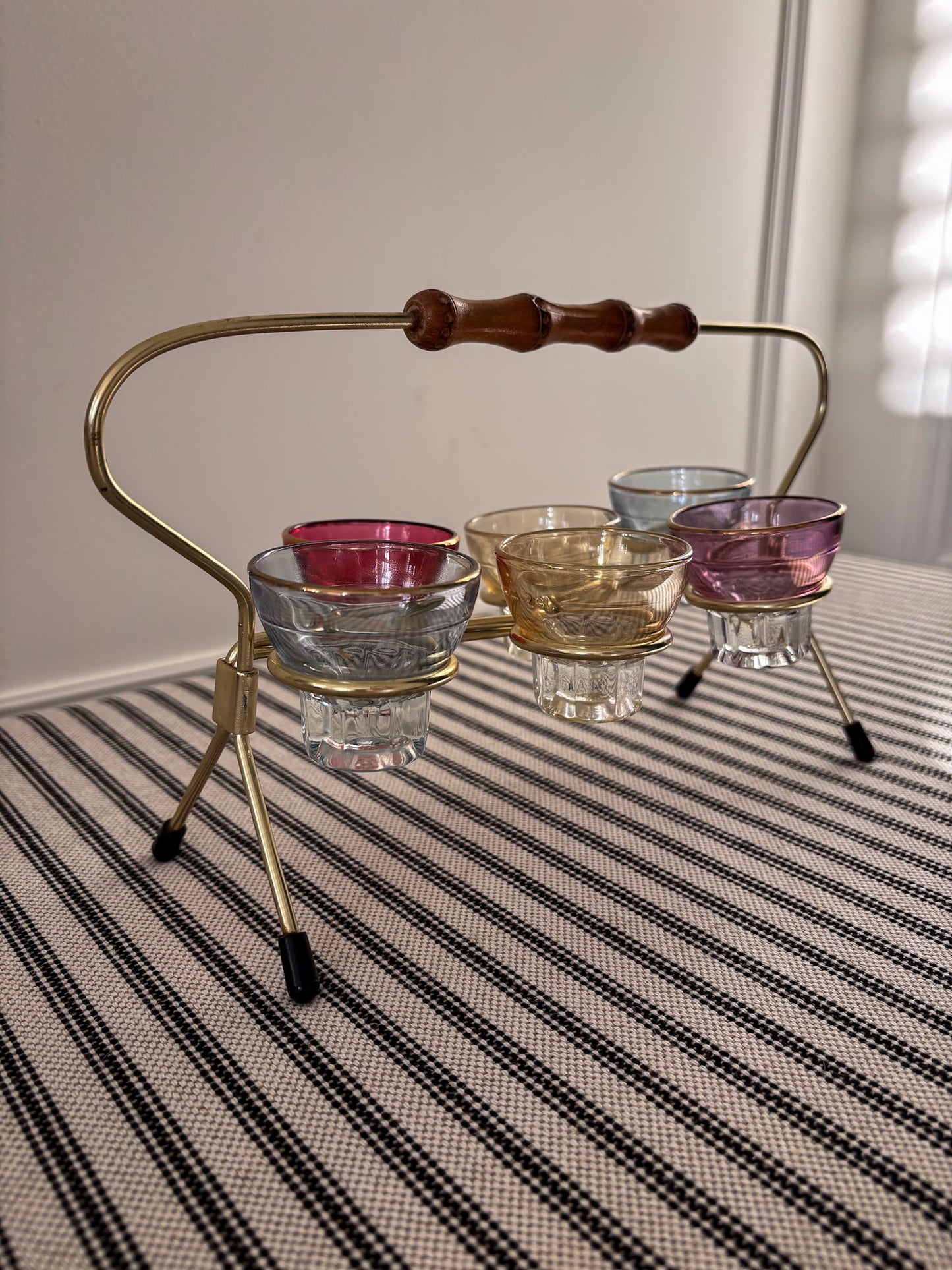 1950s Harlequin Shot Glass Set with Caddy & Bamboo Handle