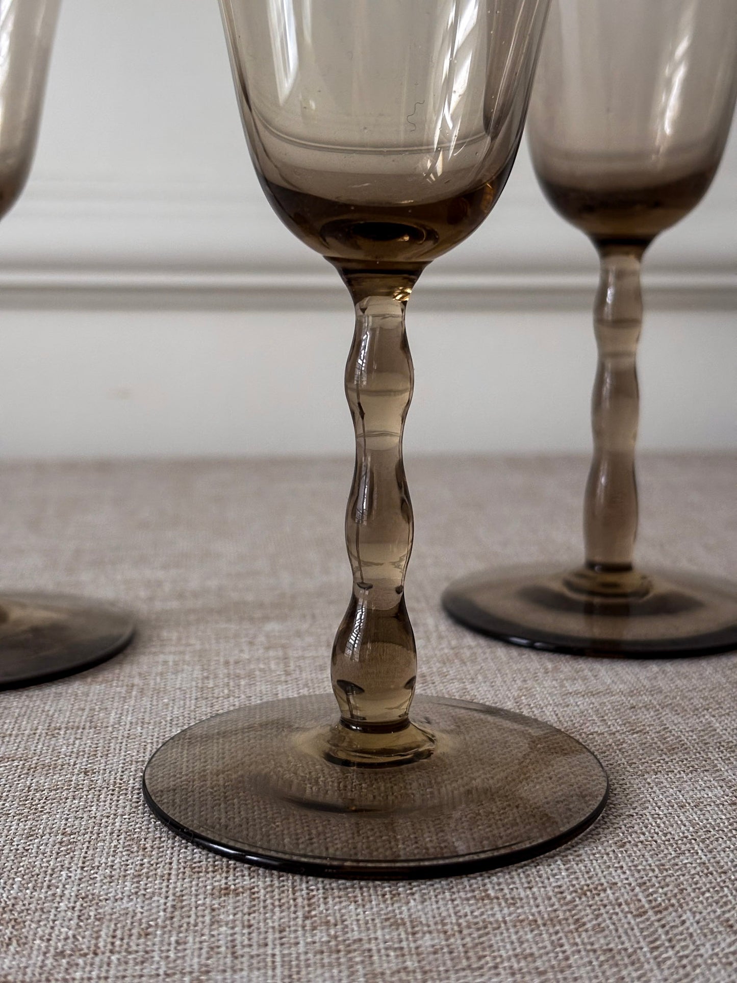 Set of 4 Orrefors “Astrid Sampe” Smoky Bobbin Stem Wine Glasses