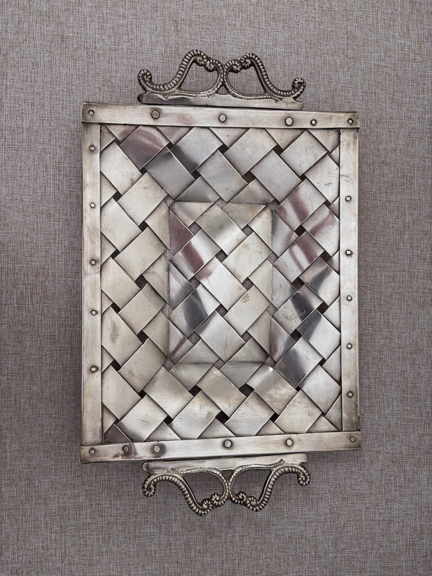 Silver-Tone Woven Tray with Ornate Handles, Rectangular Decorative Tray