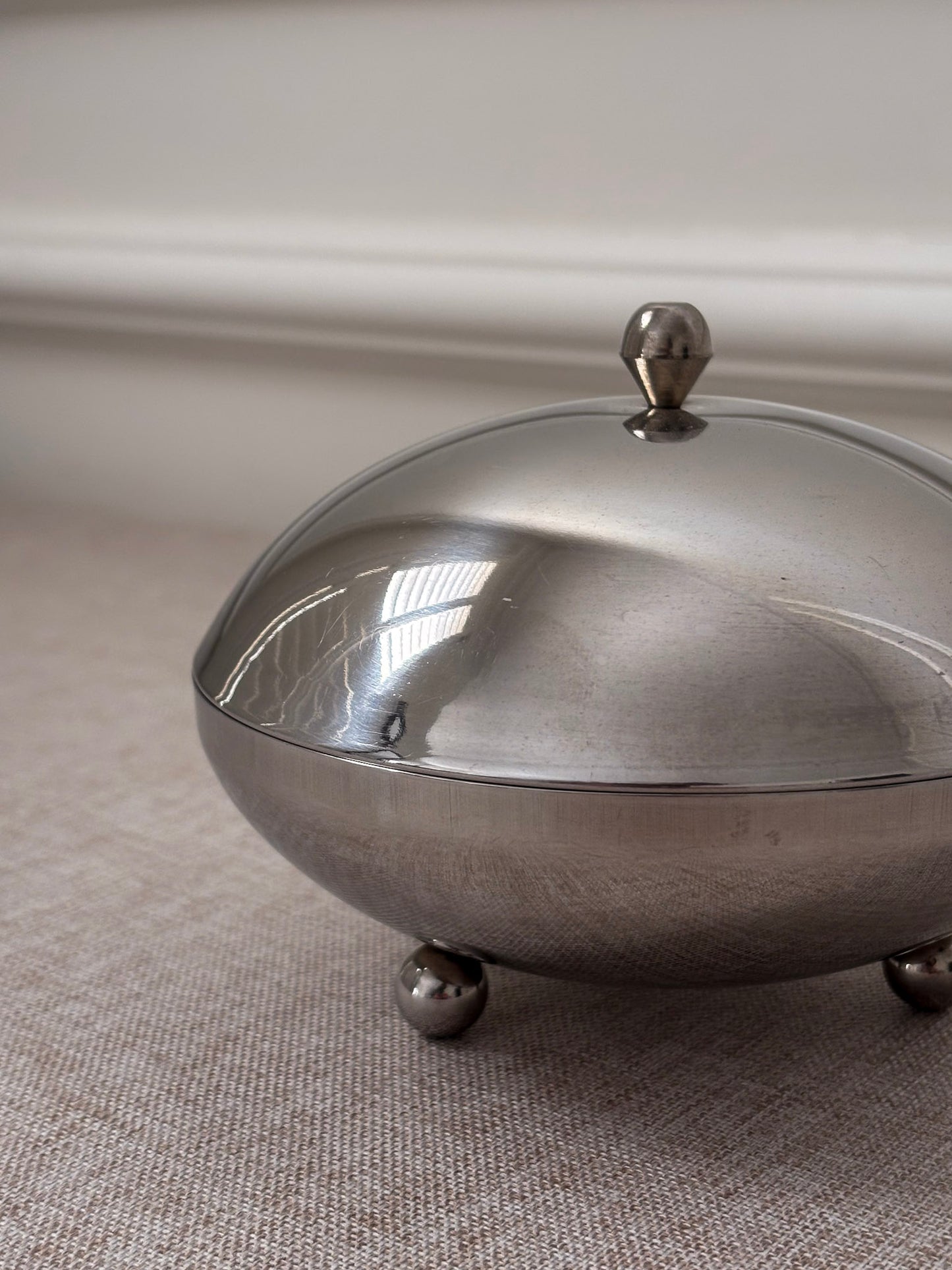1960s Chrome Lidded Bowl | Mid Century Modern Metal Trinket Dish