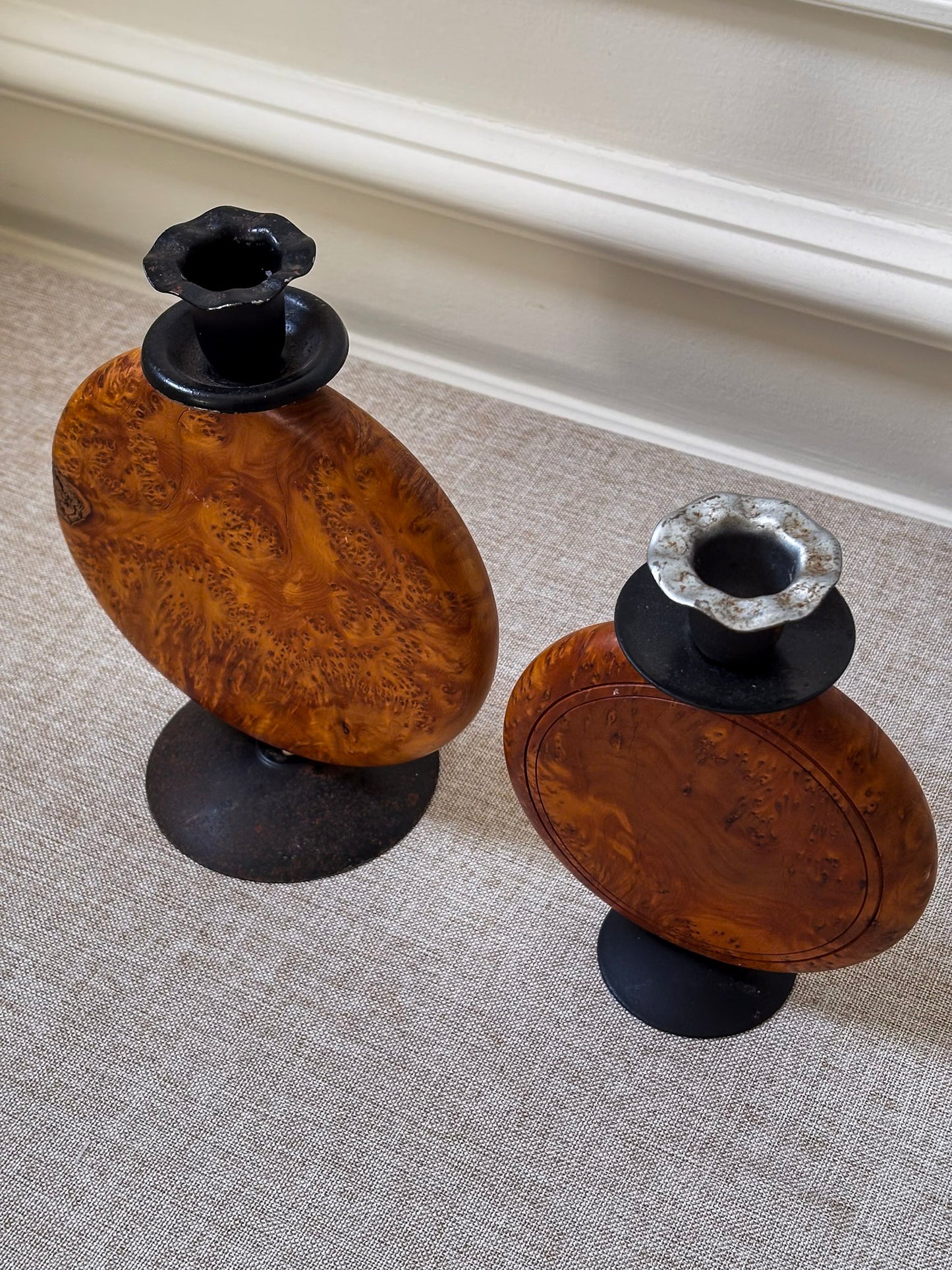 Pair of Vintage Burr Wood Candlesticks | Ripple Edge Sculptural Candle Holders