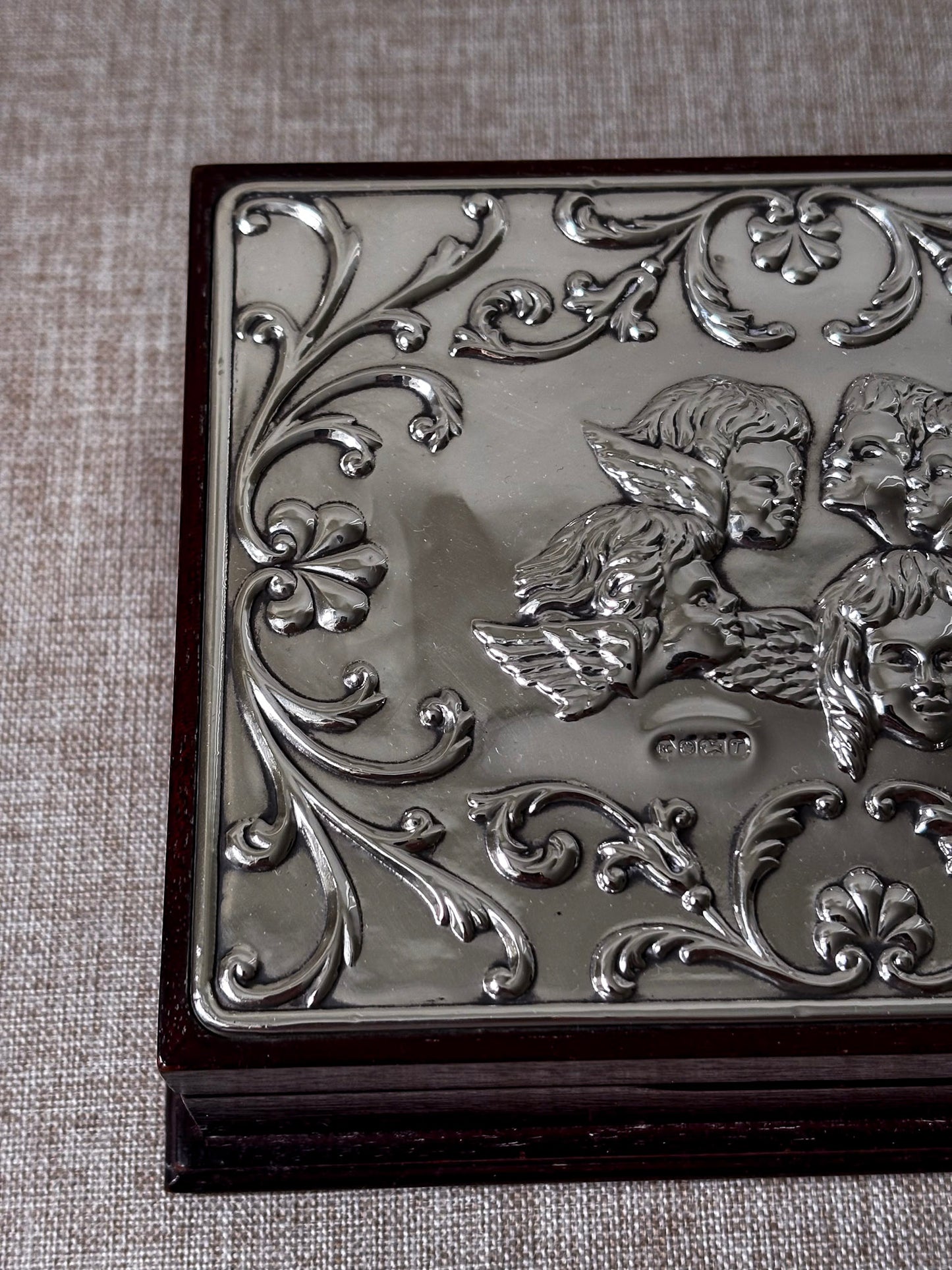 Vintage 925 Sterling Silver Cherub Jewellery Box | Ornate Silver & Wood Keepsake Box